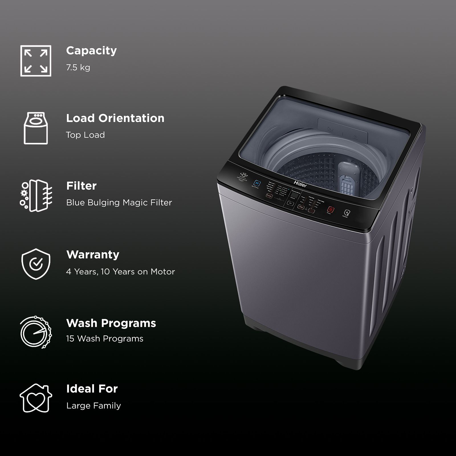 Haier 7.5 kg Fully Automatic Top Load Washing Machine (HWM75-H826S6, In-built Heater, Starry Silver)_2