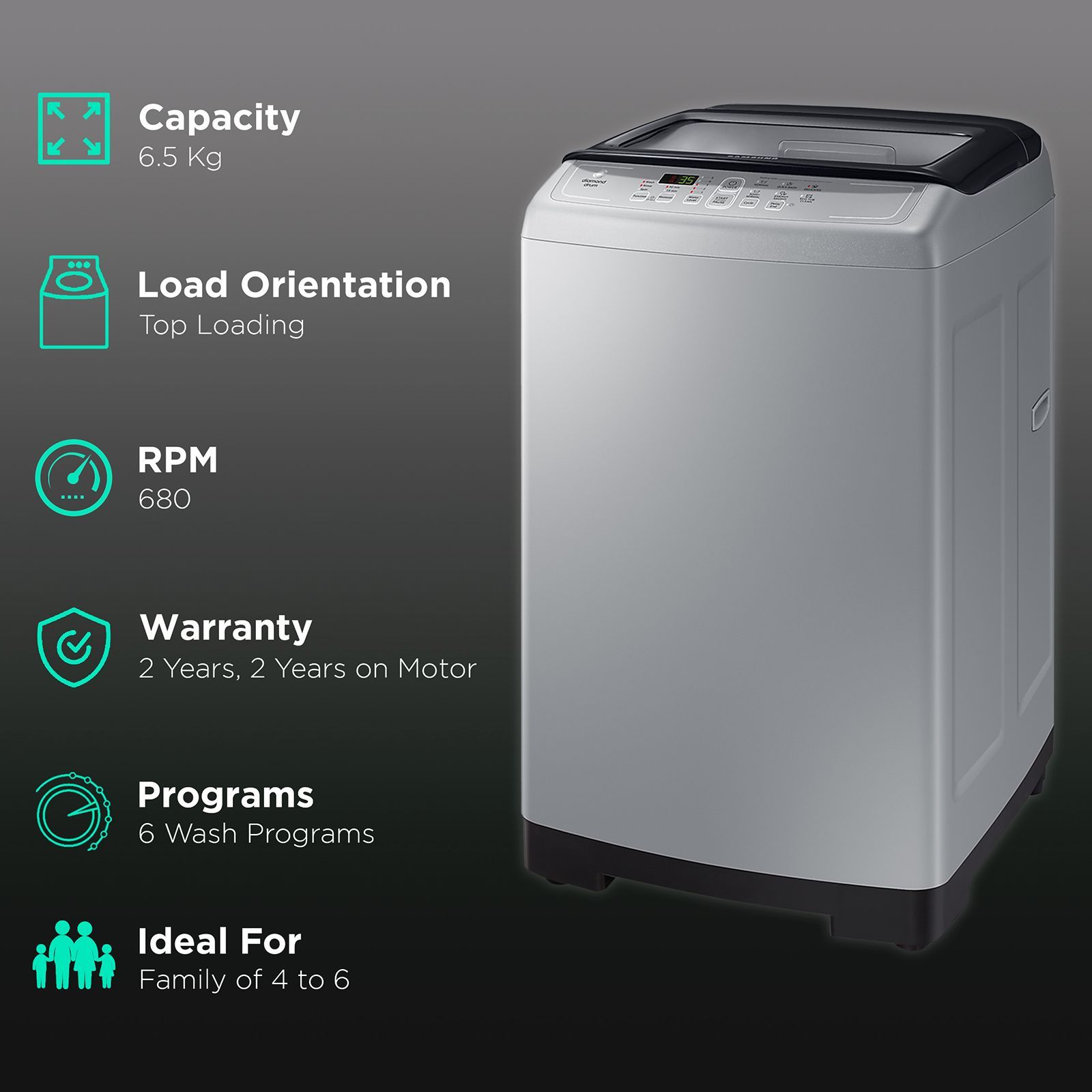 SAMSUNG 6.5 kg Inverter Fully Automatic Top Load Washing Machine (WA65A4002VS/TL, Diamond Drum, Imperial Silver)_2