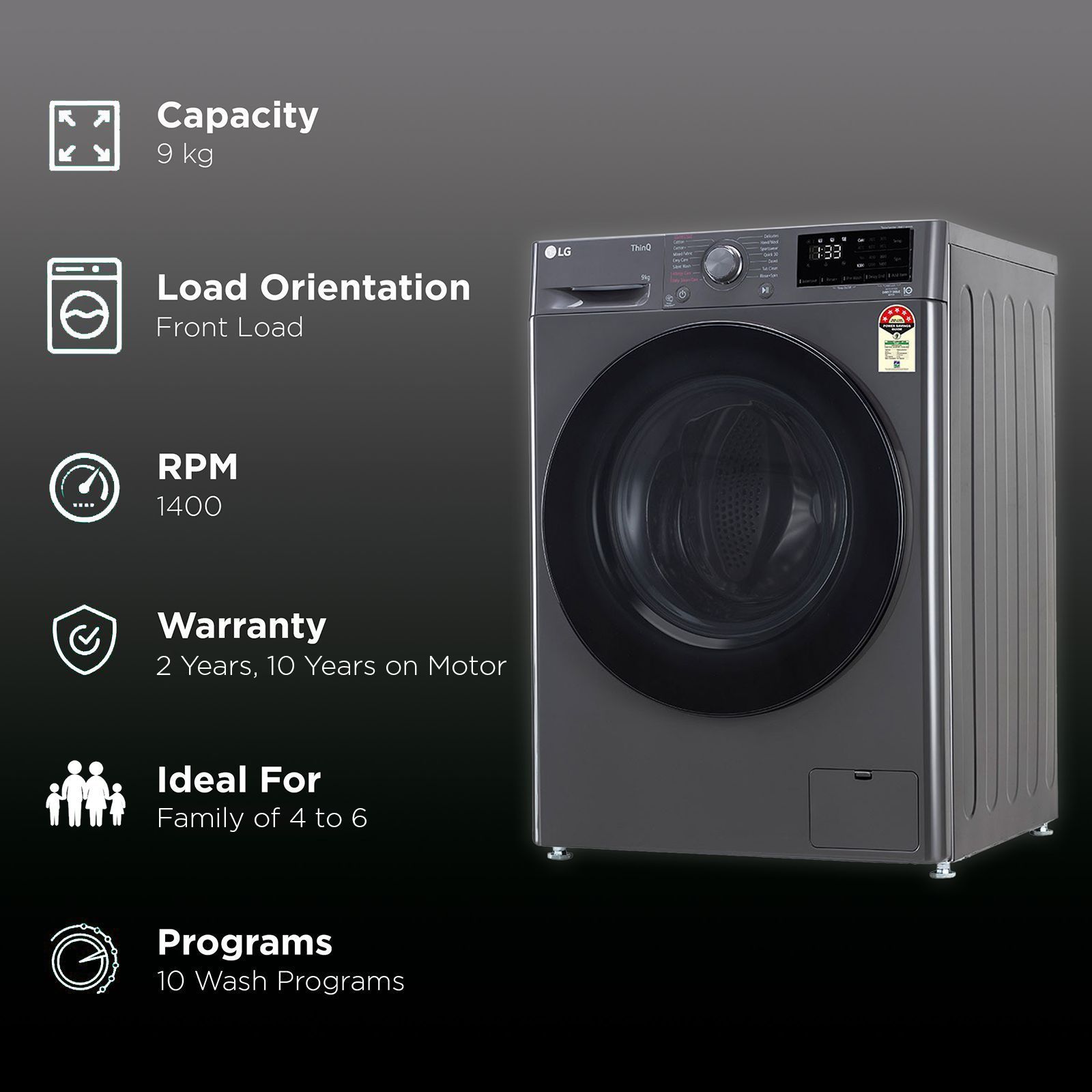 LG 9kg 5 Star Fully Automatic Front Load Washing Machine (FHV1409Z4M.ABMQEIL, LG ThinQ with Wi-Fi, Middle Black)_2