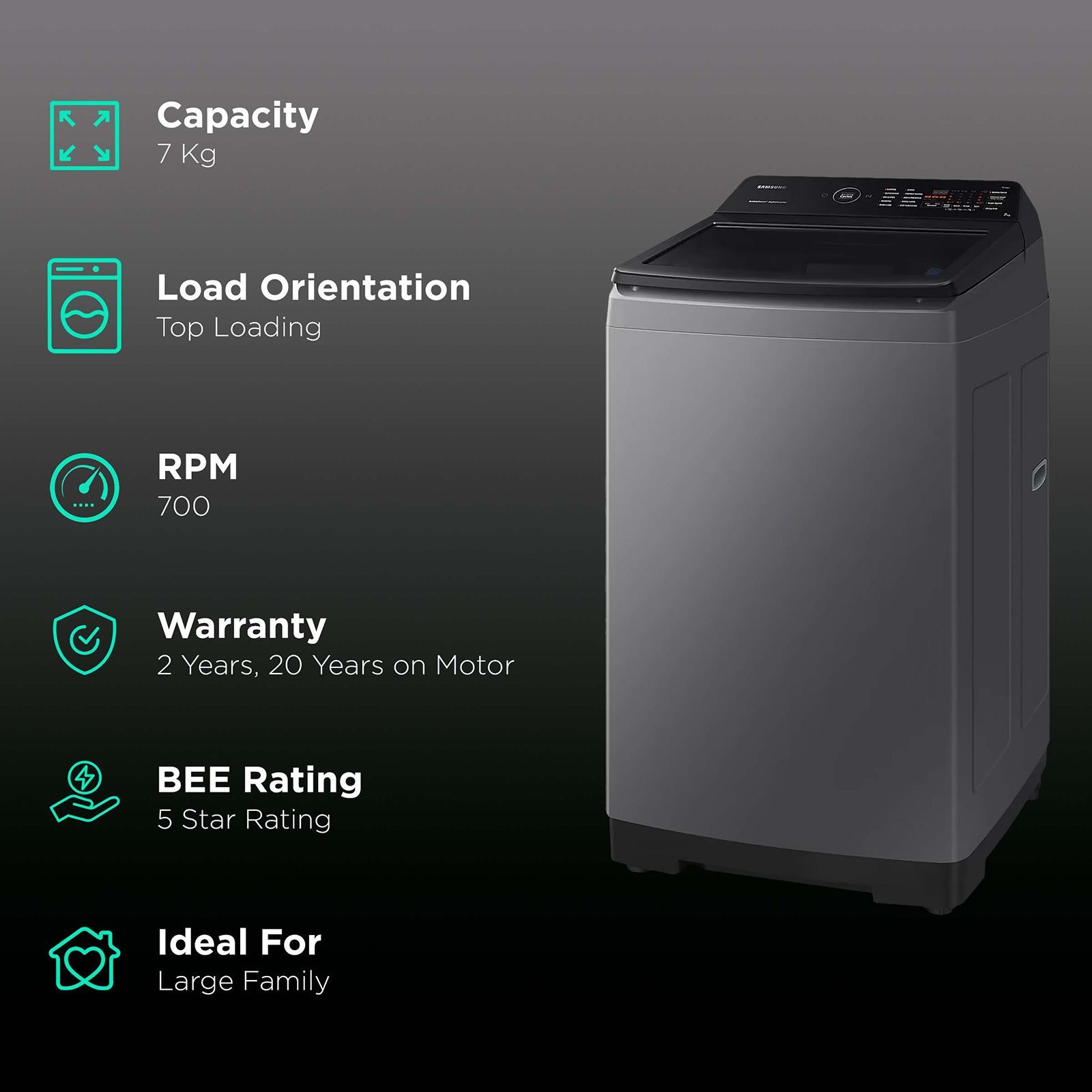 SAMSUNG 7 kg 5 Star Fully Automatic Top Load Washing Machine (WA70BG4545BDTL, Diamond Drum, Dark Gray)_2