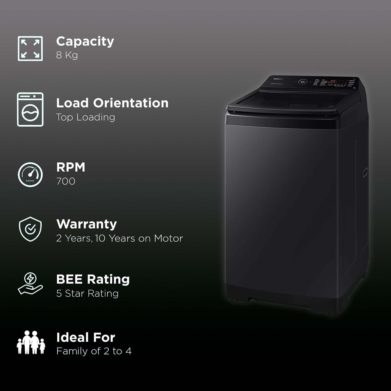 SAMSUNG 8 kg 5 Star Fully Automatic Top Load Washing Machine (WA80BG4545BVTL, Diamond Drum, Black Caviar)_2