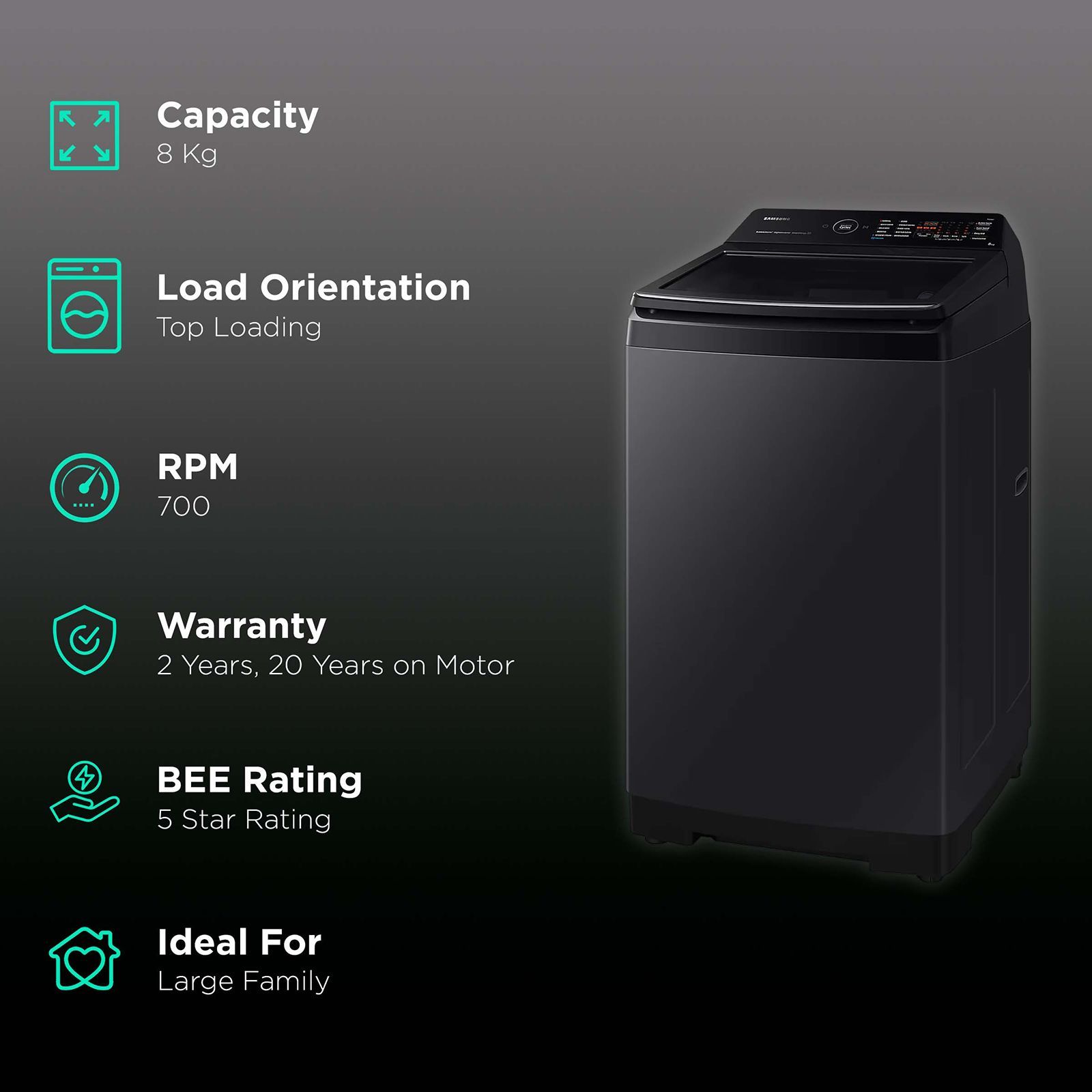 SAMSUNG 8 kg 5 Star Fully Automatic Top Load Washing Machine (WA80BG4686BVTL, In-built Heater, Black Caviar)_2