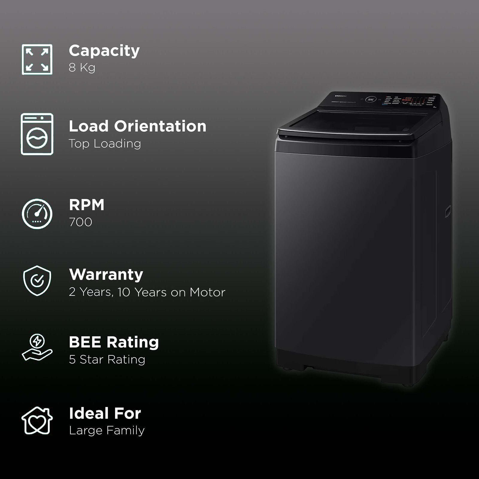 SAMSUNG 8 kg 5 Star Fully Automatic Top Load Washing Machine (WA80BG4686BVTL, In-built Heater, Black Caviar)_2