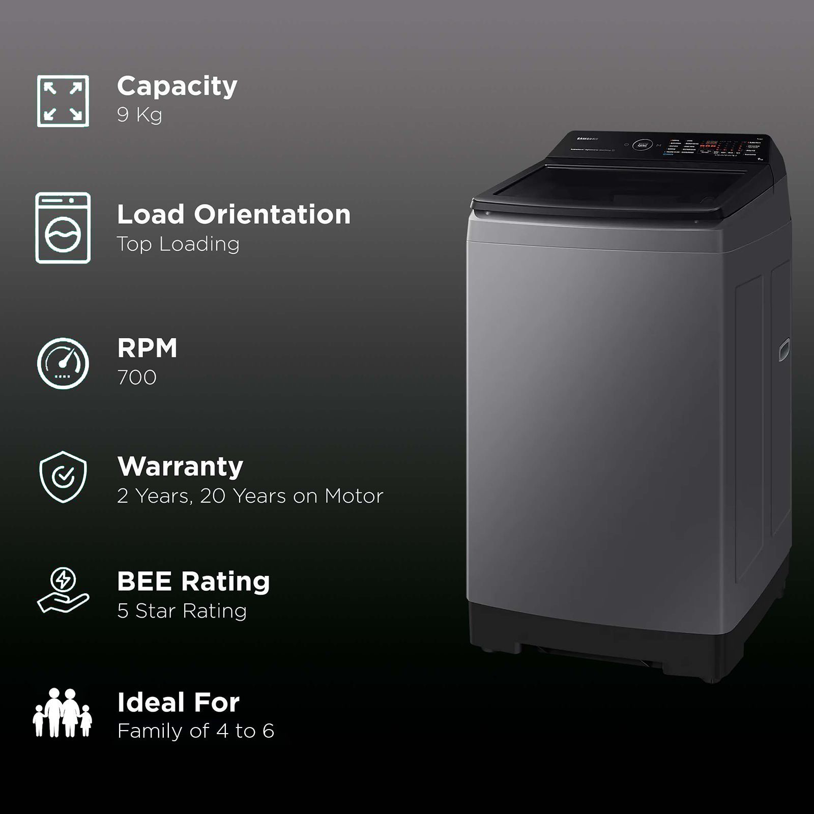SAMSUNG 9 kg 5 Star Fully Automatic Top Load Washing Machine (WA90BG4582BDTL, In-built Heater, Dark Gray)_2