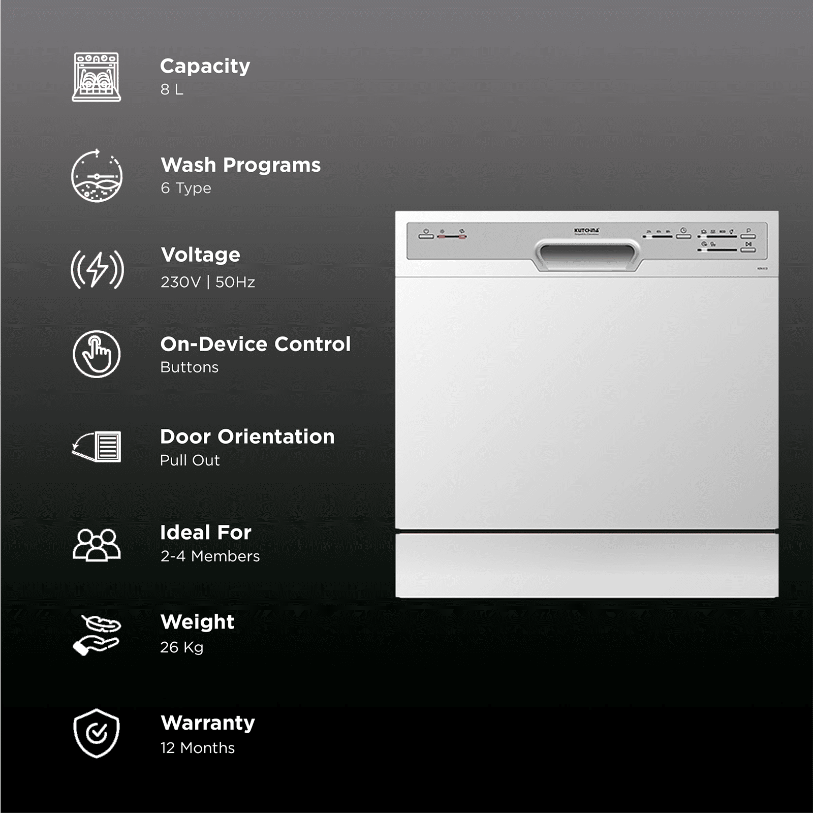 Kutchina KEN ECO 8 Place Settings Free Standing Dishwasher with Delay Function (White)_3
