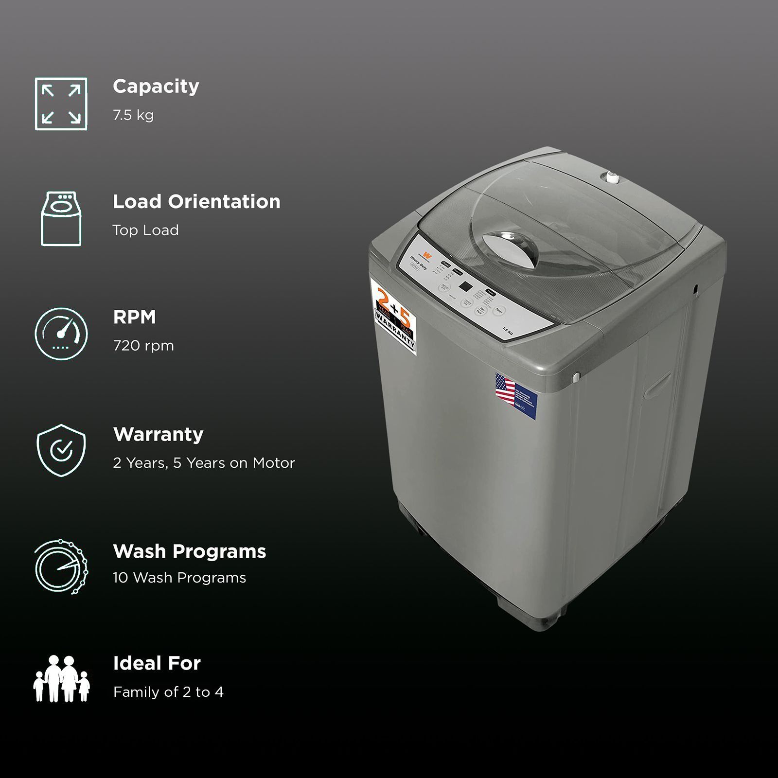 White Westinghouse 7.5 kg Fully Automatic Top Load Washing Machine (HDT7500, Anti Vibration Technology, Grey)_2