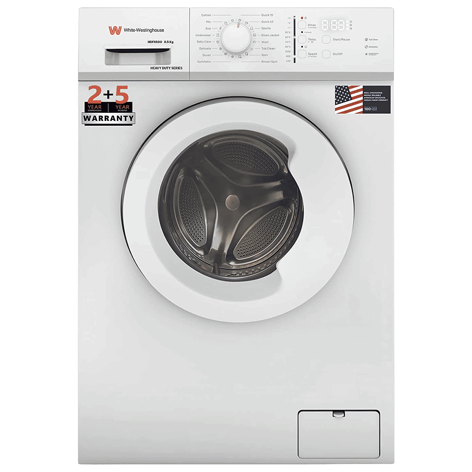 White Westinghouse 8.5 kg Fully Automatic Front Load Washing Machine (HDF8500, In-Built Heater, Black & White)_1