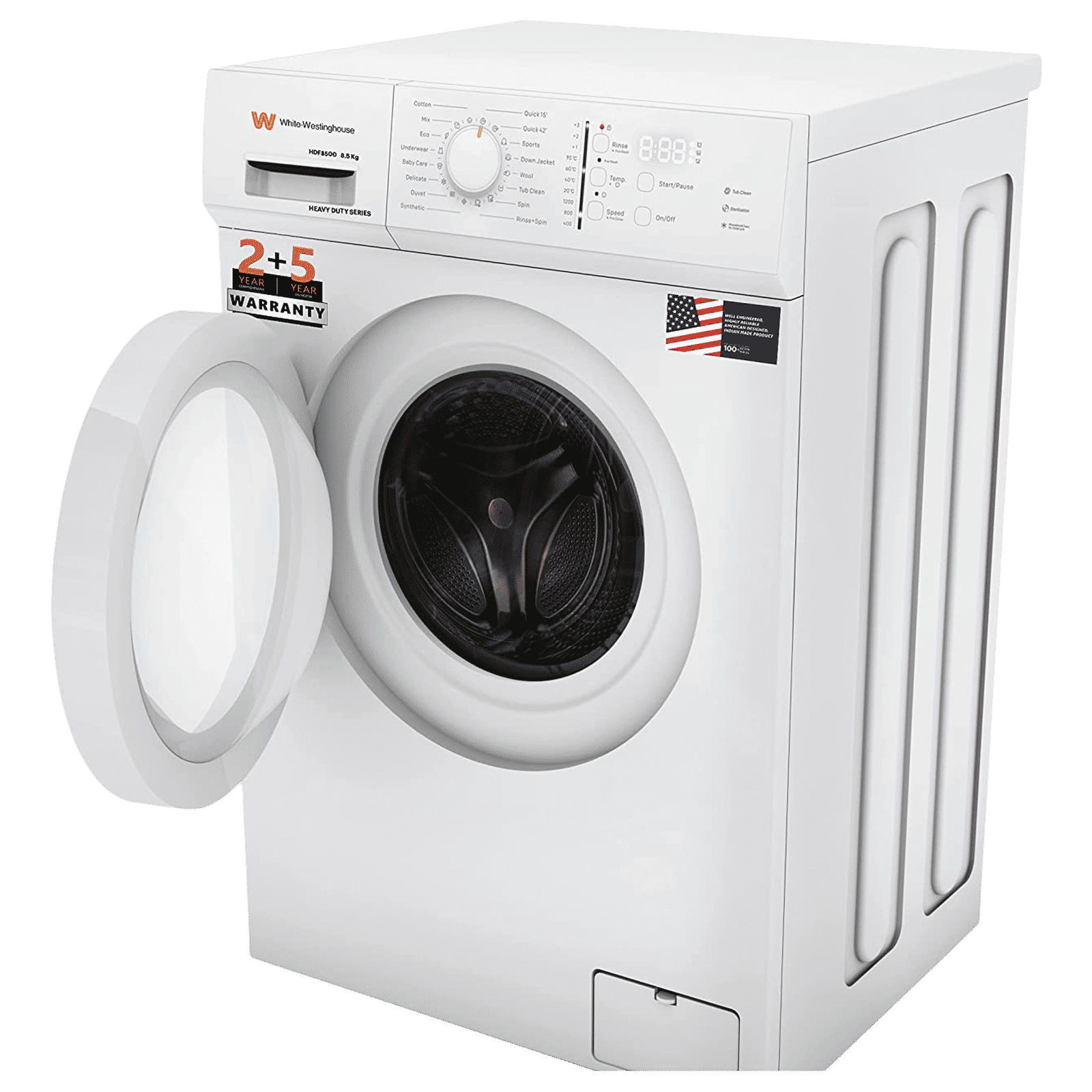 White Westinghouse 8.5 kg Fully Automatic Front Load Washing Machine (HDF8500, In-Built Heater, Black & White)_6