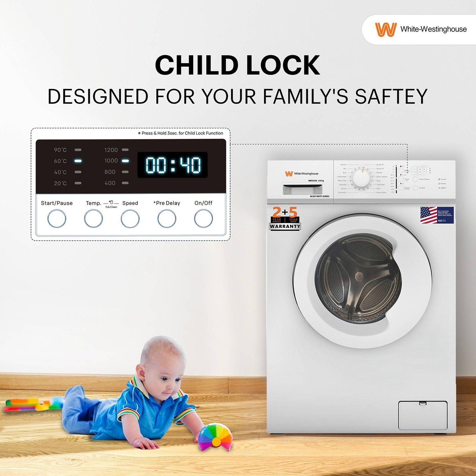 White Westinghouse 8.5 kg Fully Automatic Front Load Washing Machine (HDF8500, In-Built Heater, Black & White)_8