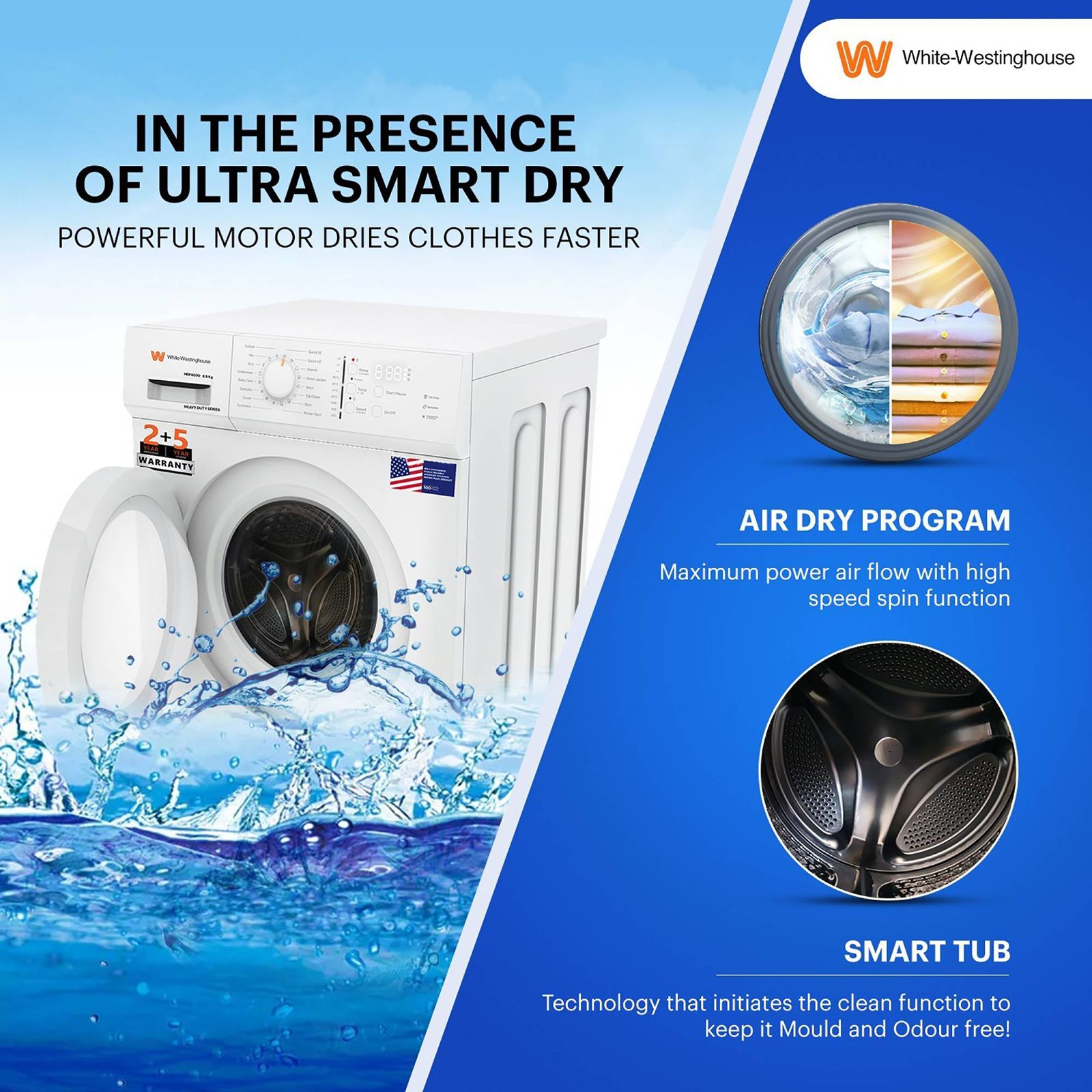 White Westinghouse 8.5 kg Fully Automatic Front Load Washing Machine (HDF8500, In-Built Heater, Black & White)_10