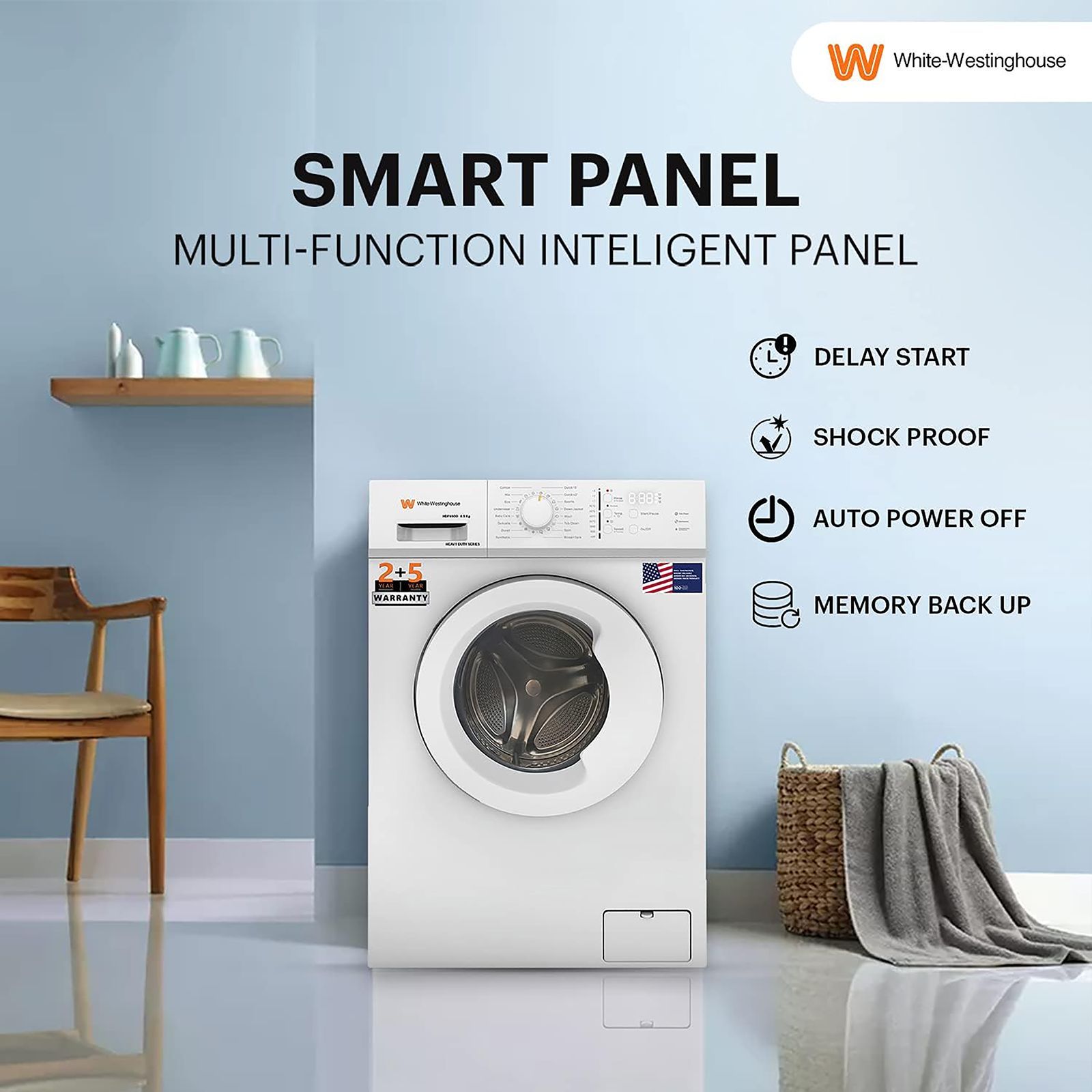 White Westinghouse 8.5 kg Fully Automatic Front Load Washing Machine (HDF8500, In-Built Heater, Black & White)_13