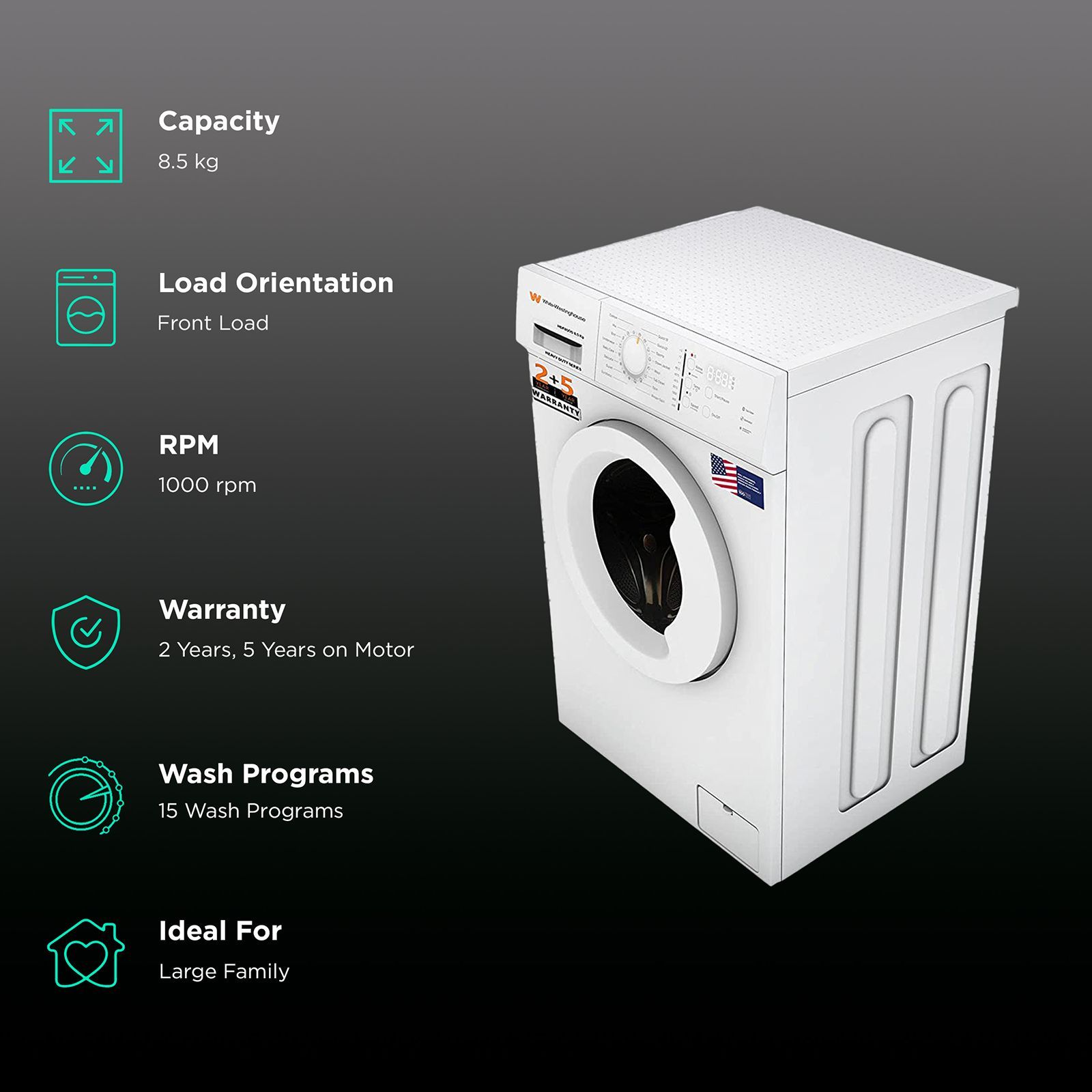 White Westinghouse 8.5 kg Fully Automatic Front Load Washing Machine (HDF8500, In-Built Heater, Black & White)_2