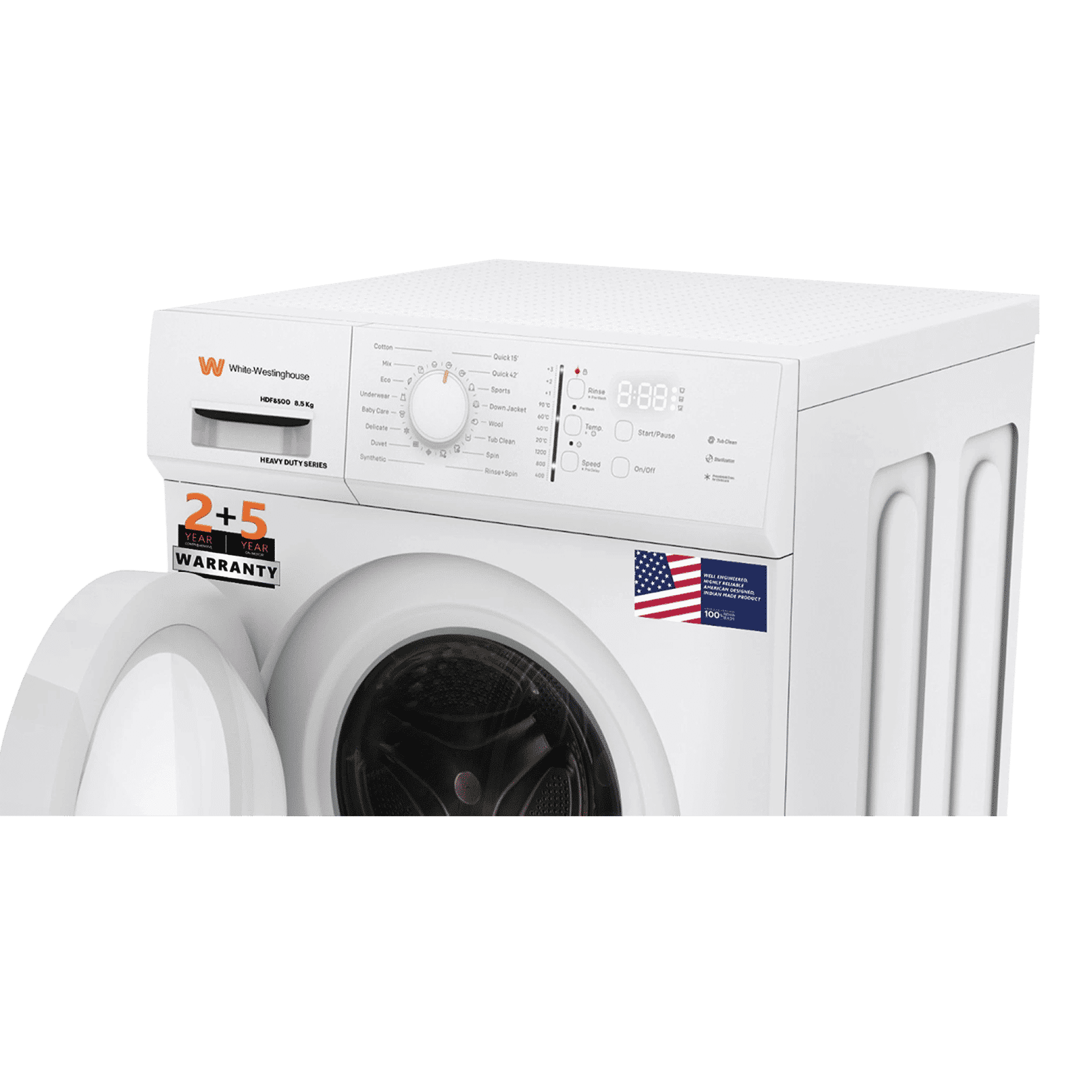 White Westinghouse 8.5 kg Fully Automatic Front Load Washing Machine (HDF8500, In-Built Heater, Black & White)_4