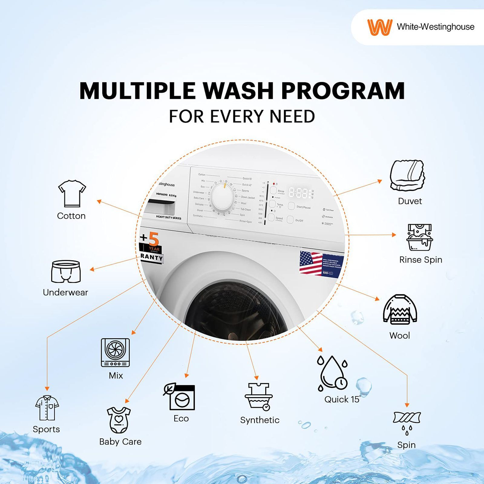 White Westinghouse 10.5 kg Fully Automatic Front Load Washing Machine (HDF1050, In-built Heater, White) White Westinghouse 10.5 kg Fully Automatic Front Load Washing Machine (HDF1050, In-built Heater, White)_9