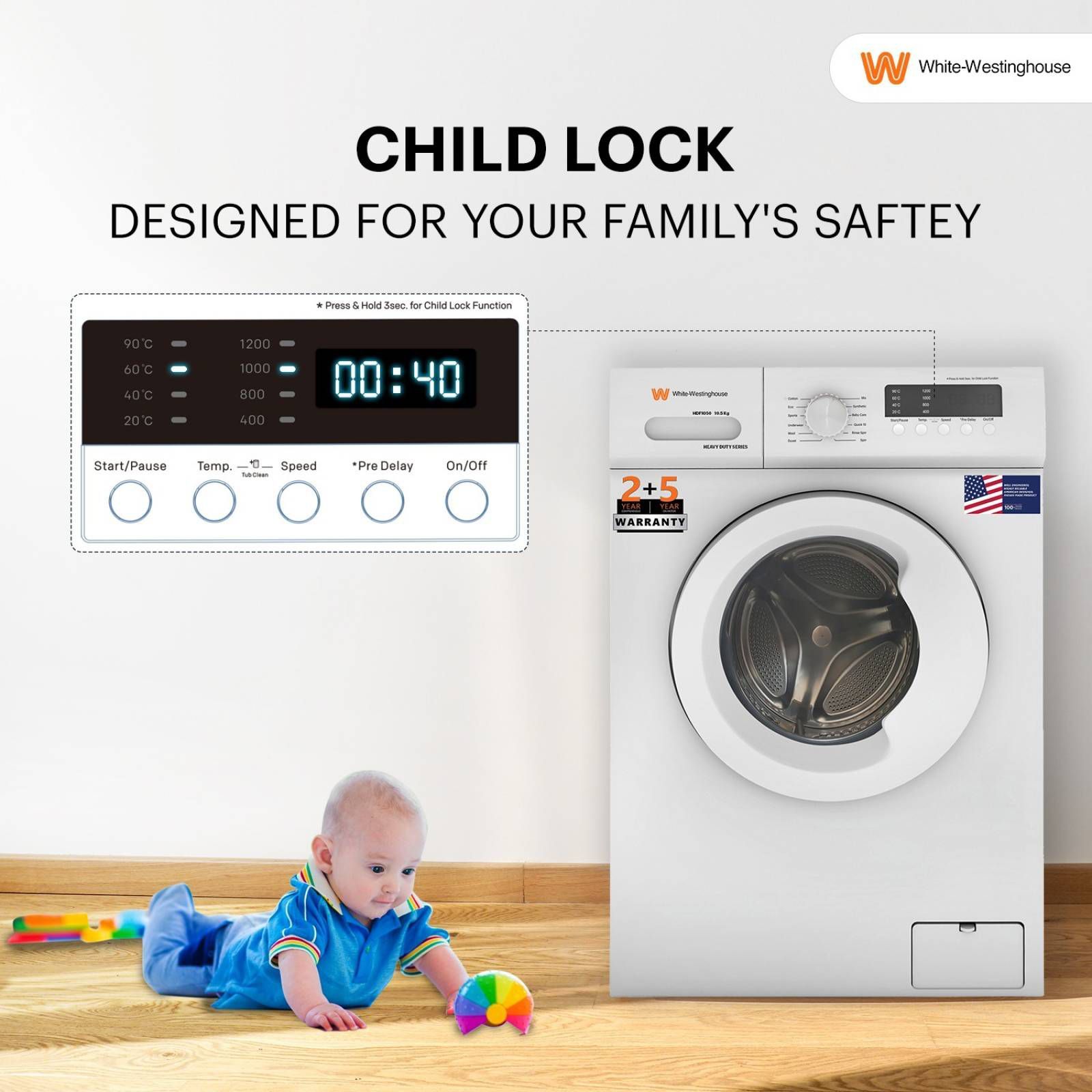 White Westinghouse 10.5 kg Fully Automatic Front Load Washing Machine (HDF1050, In-built Heater, White) White Westinghouse 10.5 kg Fully Automatic Front Load Washing Machine (HDF1050, In-built Heater, White)_13