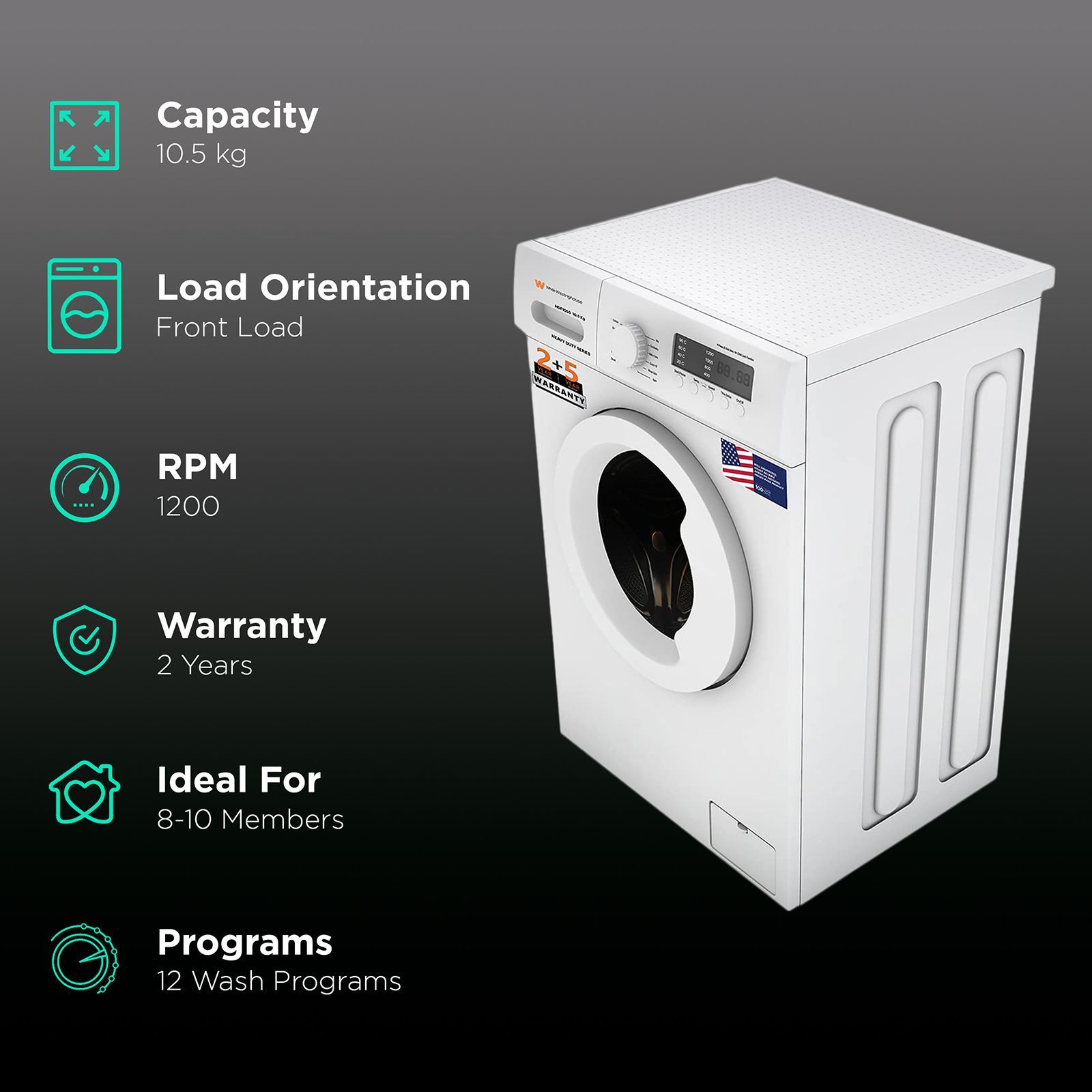 White Westinghouse 10.5 kg Fully Automatic Front Load Washing Machine (HDF1050, In-built Heater, White) White Westinghouse 10.5 kg Fully Automatic Front Load Washing Machine (HDF1050, In-built Heater, White)_2