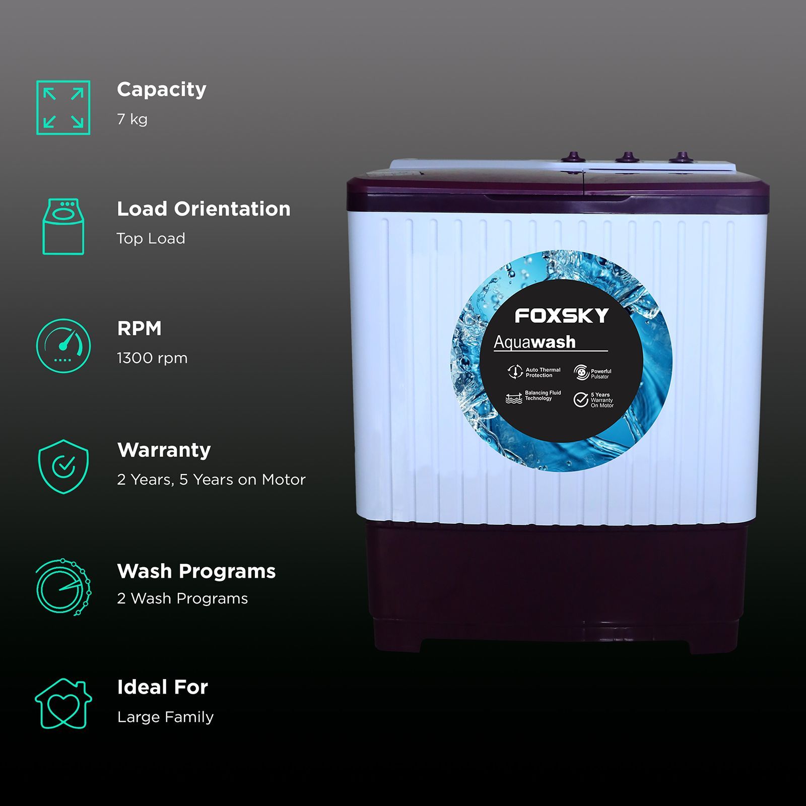 FOXSKY 7 kg Semi-Automatic Top Load Washing Machine with Magic Filter (Aqua Wash, Maroon)_2