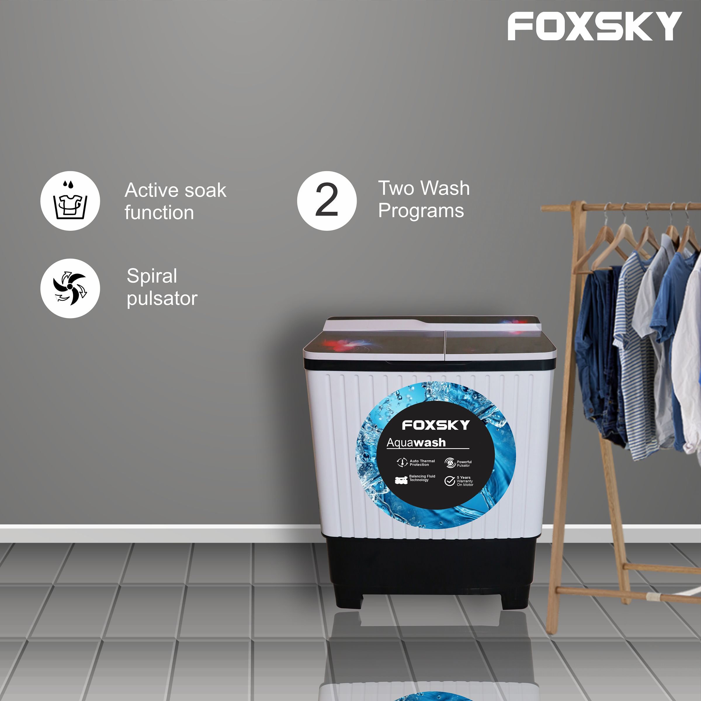 FOXSKY 7.5 Kg Semi Automatic Washing Machine with 3D Scrub Technology (Aqua Wash, Maroon)_6