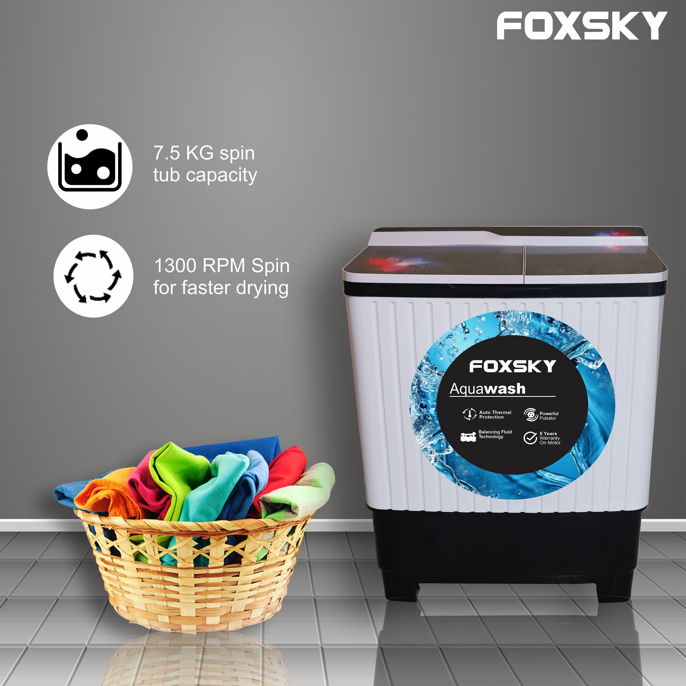 FOXSKY 7.5 Kg Semi Automatic Washing Machine with 3D Scrub Technology (Aqua Wash, Maroon)_8