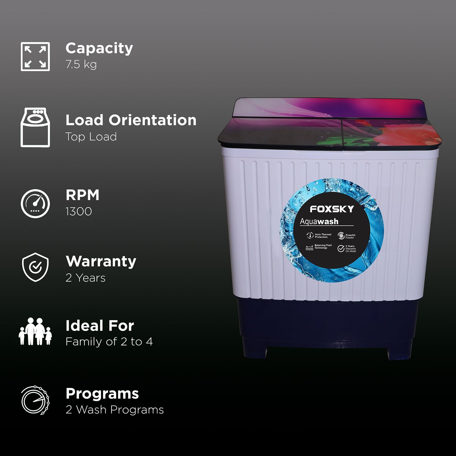 FOXSKY 7.5 Kg Semi Automatic Washing Machine with 3D Scrub Technology (Aqua Wash, Maroon)_2