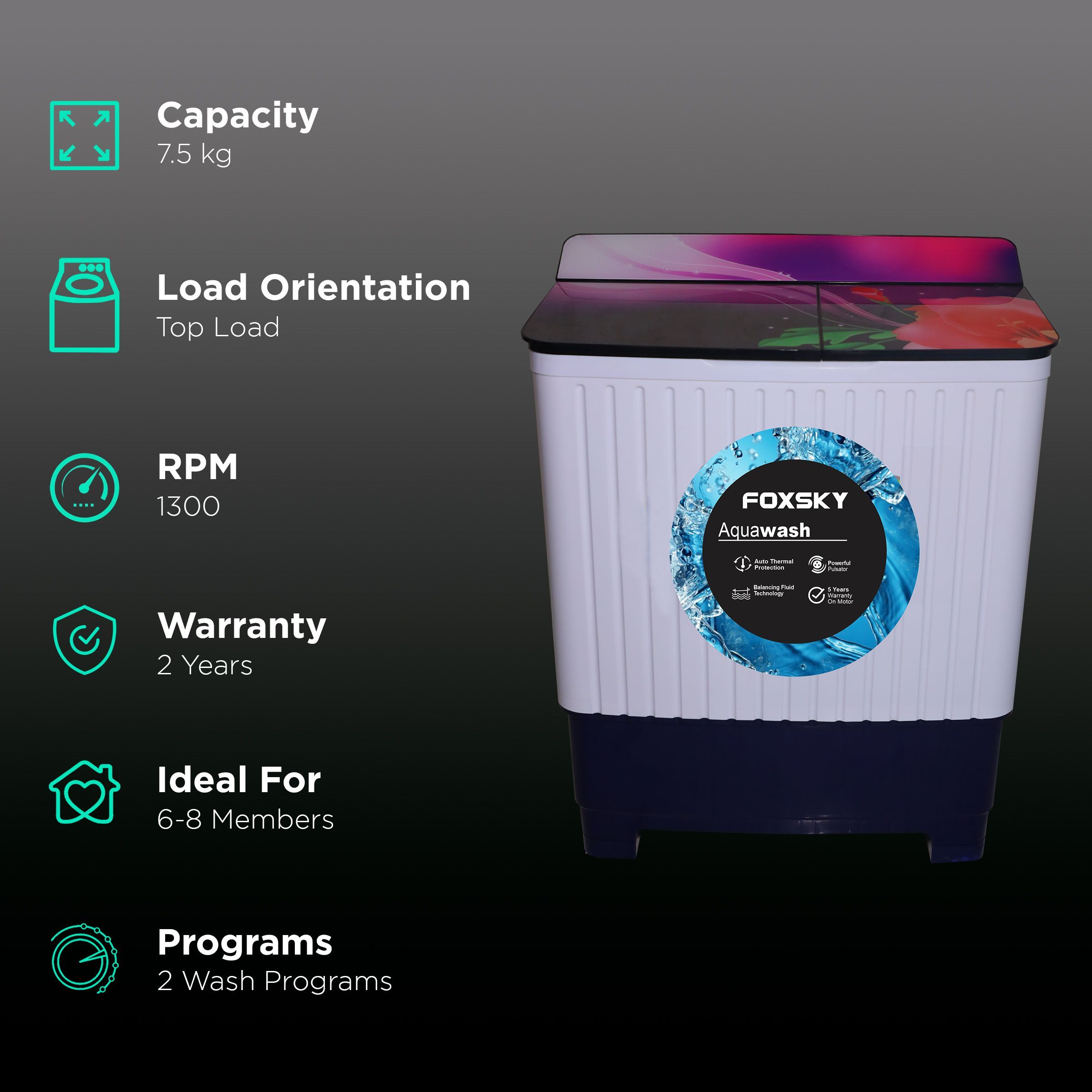 FOXSKY 7.5 Kg Semi Automatic Washing Machine with 3D Scrub Technology (Aqua Wash, Maroon)_2