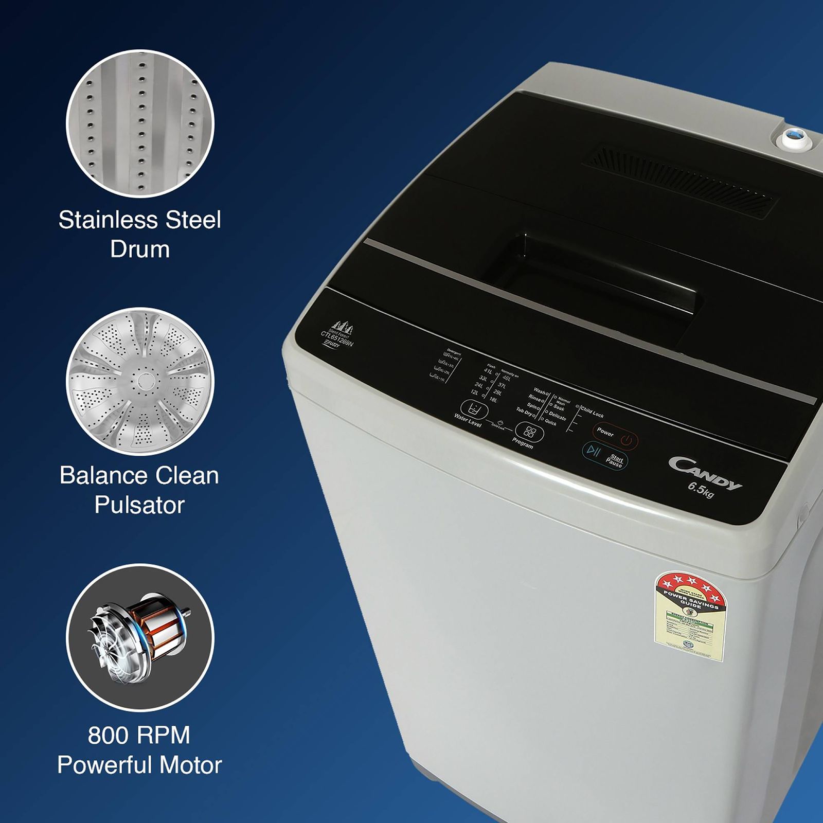 CANDY 6.5 Kg 5 Star Fully Automatic Top Load Washing Machine (CTL651269N, Stainless Steel Drum, Moonlight Grey)_12