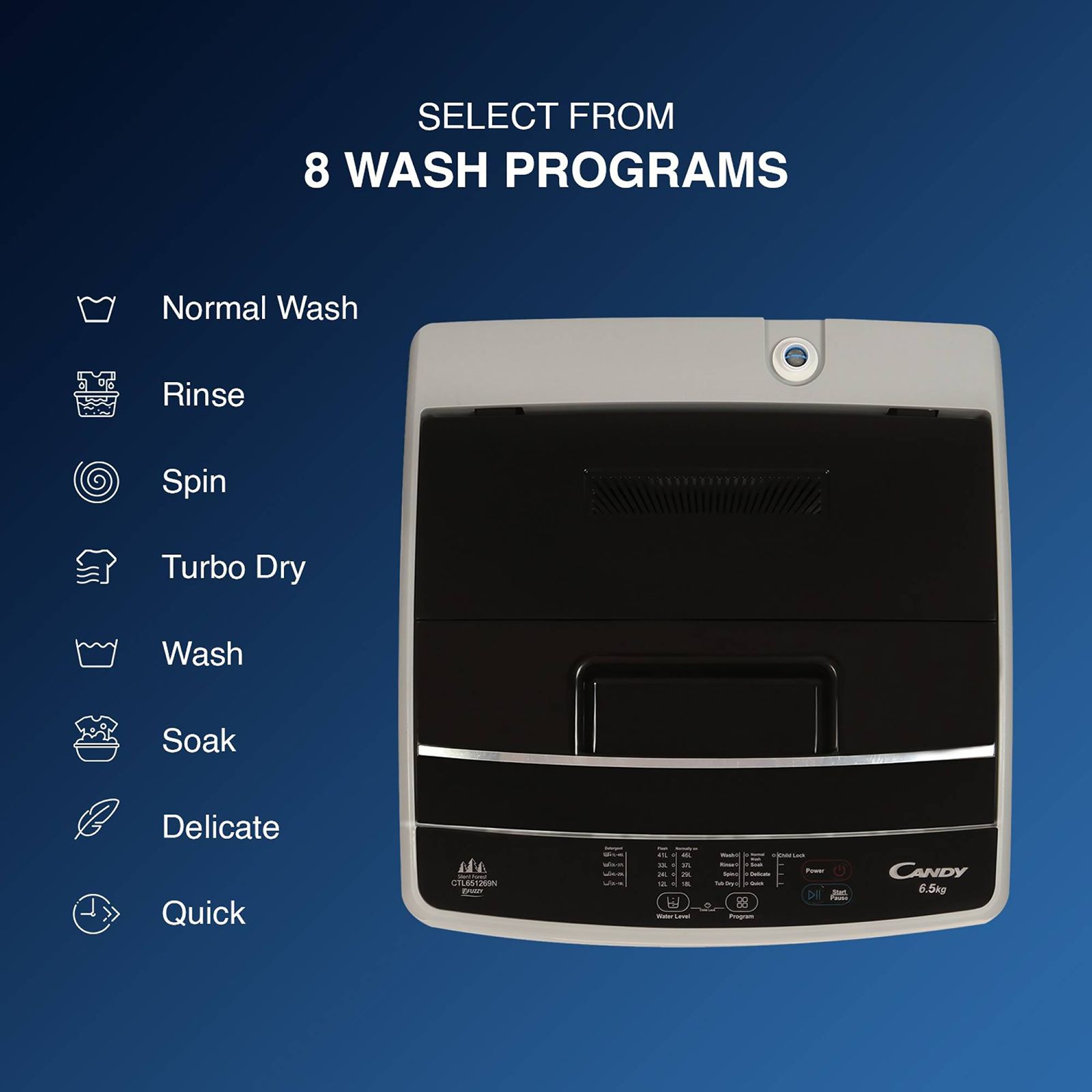 CANDY 6.5 Kg 5 Star Fully Automatic Top Load Washing Machine (CTL651269N, Stainless Steel Drum, Moonlight Grey)_14