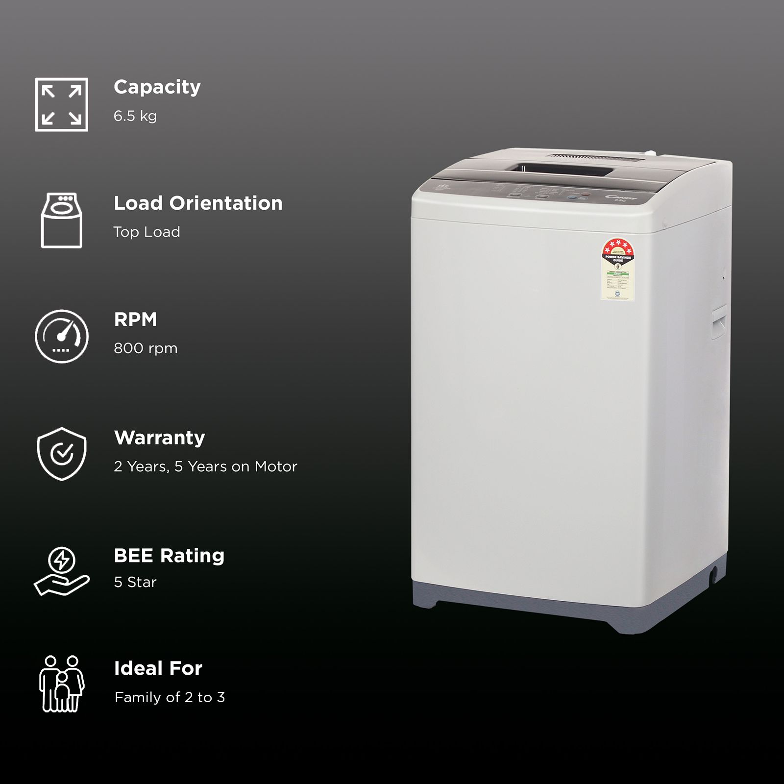 CANDY 6.5 Kg 5 Star Fully Automatic Top Load Washing Machine (CTL651269N, Stainless Steel Drum, Moonlight Grey)_2