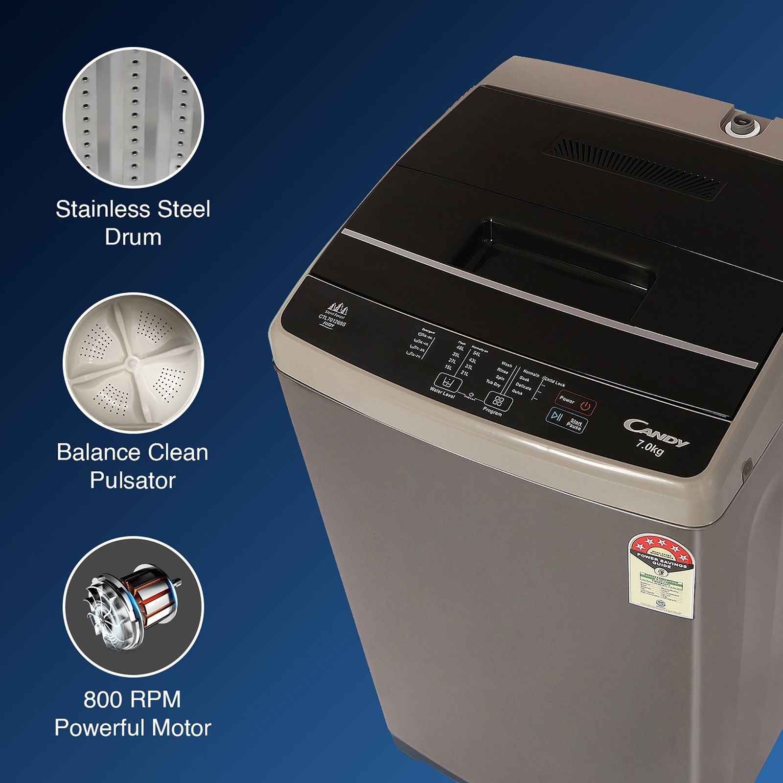 CANDY 7 kg 5 Star Fully Automatic Top Load Washing Machine (CTL701269S, Stainless Steel Drum, Dark Grey)_11