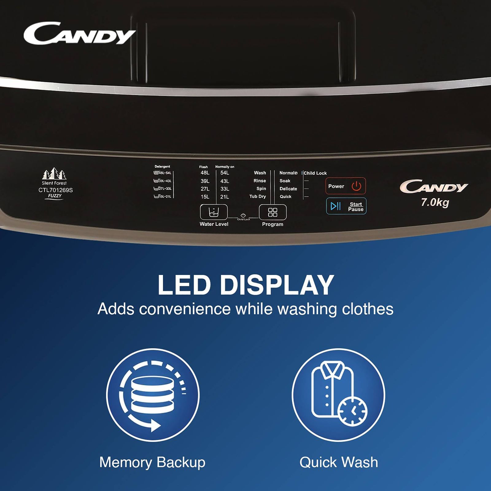 CANDY 7 kg 5 Star Fully Automatic Top Load Washing Machine (CTL701269S, Stainless Steel Drum, Dark Grey)_13
