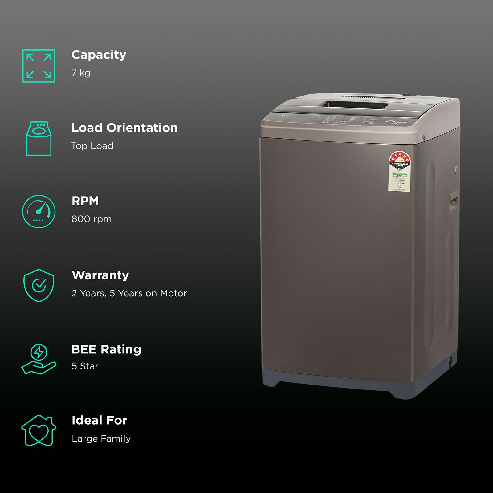 CANDY 7 kg 5 Star Fully Automatic Top Load Washing Machine (CTL701269S, Stainless Steel Drum, Dark Grey)_2
