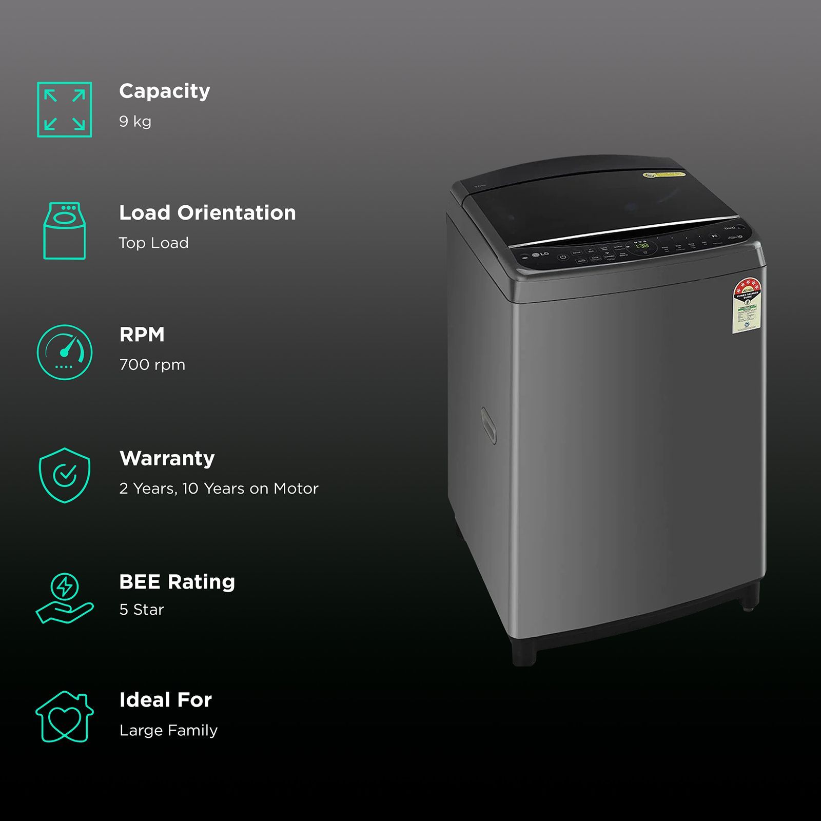 LG 9 kg 5 Star Fully Automatic Top Load Washing Machine (THD09SWM.ABMQEIL, In-built Heater, Black)_2