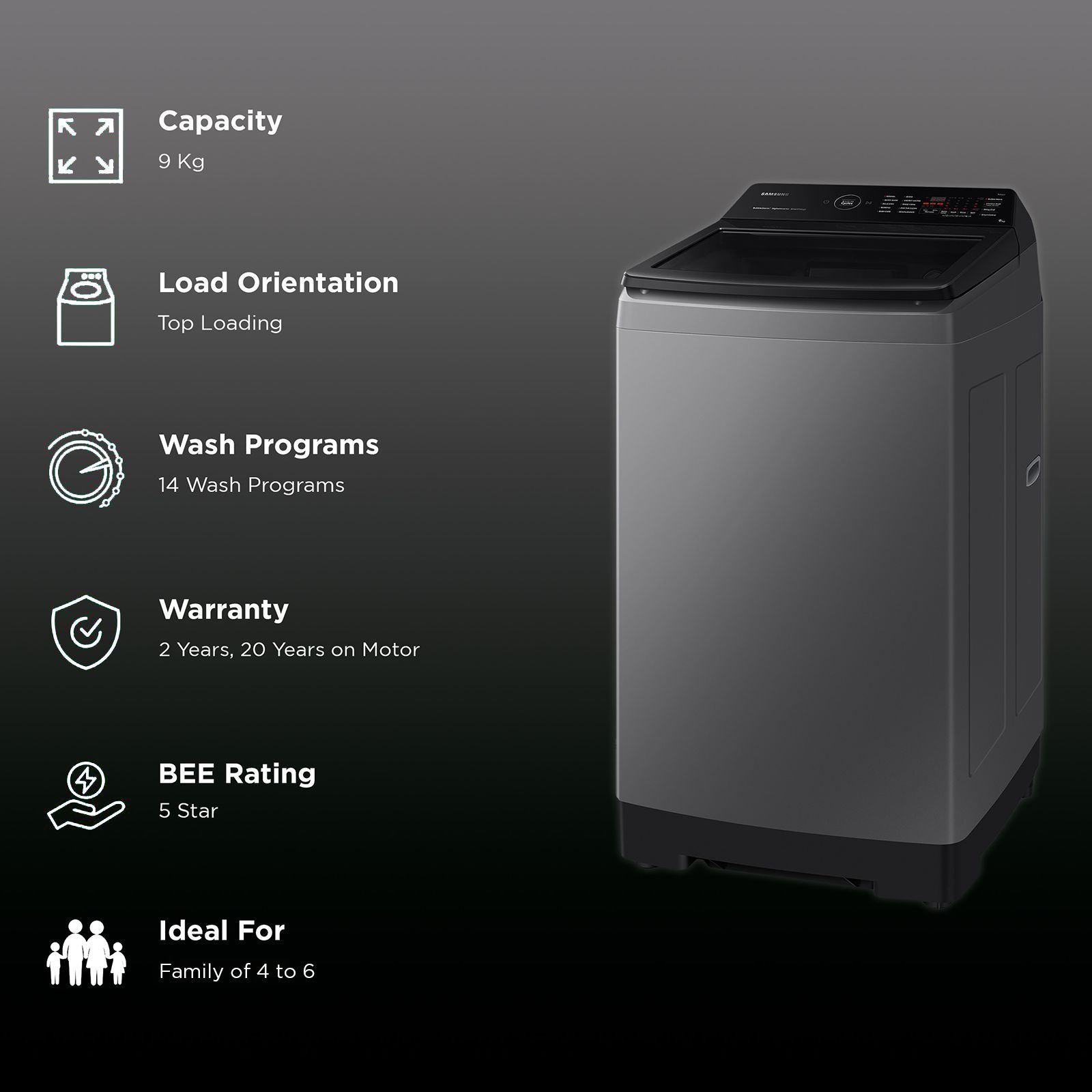 SAMSUNG 9 Kg 5 Star Inverter Fully Automatic Top Load Washing Machine (WA90BG4542BDTL, Diamond Drum, Dark Grey)_2