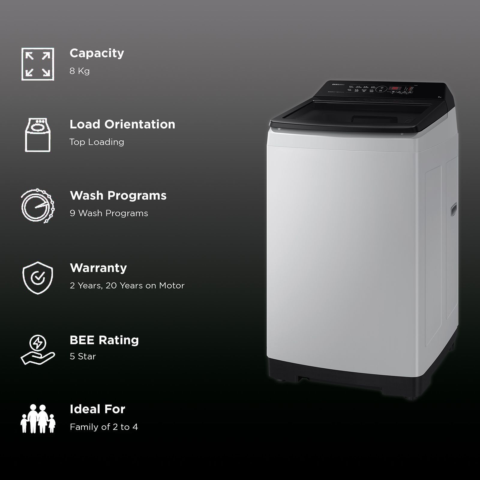 SAMSUNG 8 Kg 5 Star Inverter Fully Automatic Top Load Washing Machine (WA80BG4441BGTL, Diamond Drum, Light Grey)_2
