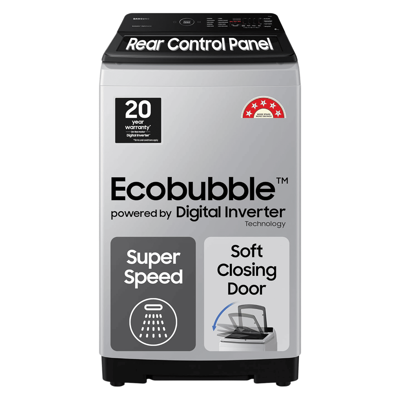 SAMSUNG 8 Kg 5 Star Inverter Fully Automatic Top Load Washing Machine (WA80BG4545BYTL, Ecobubble Technology, Lavender Grey)_1