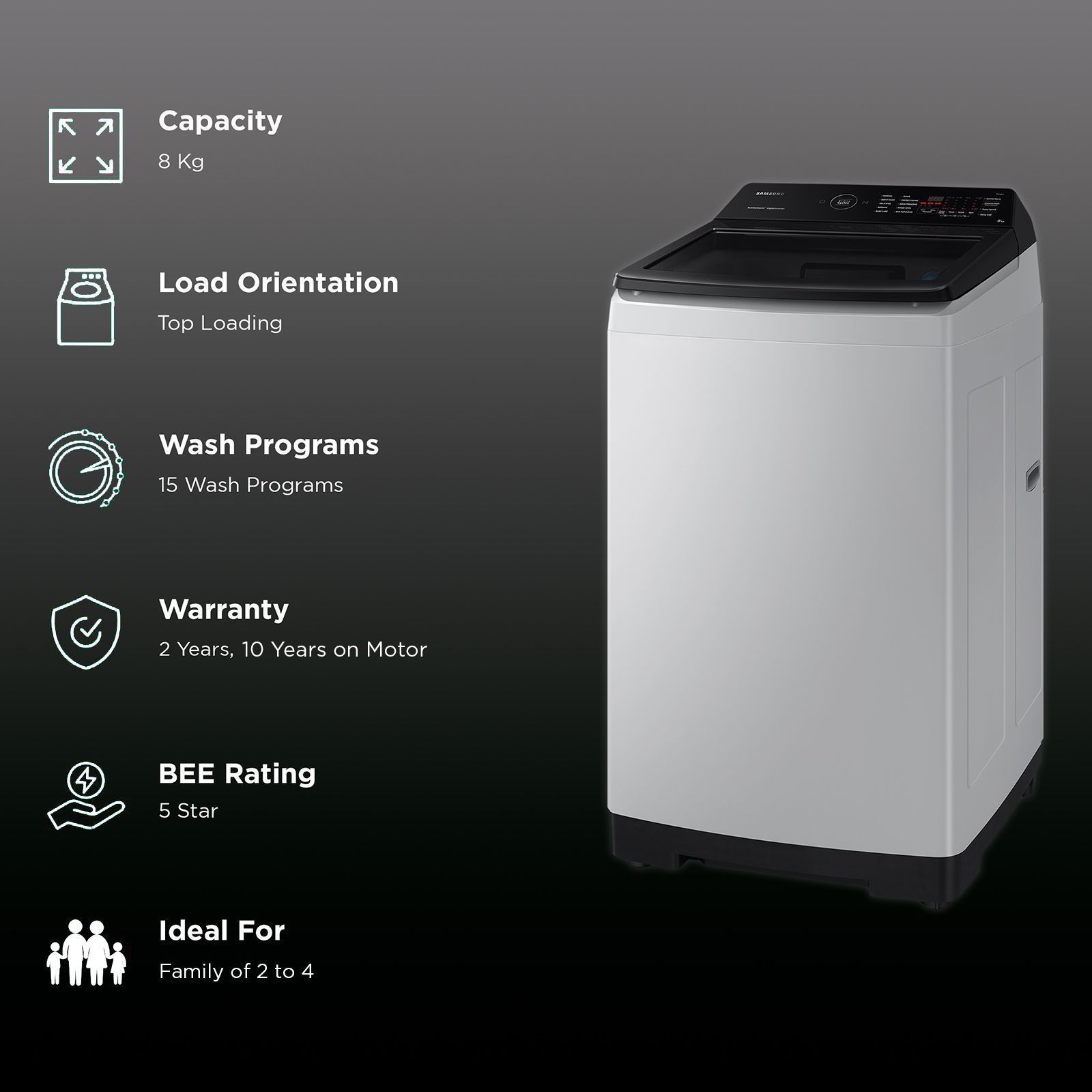 SAMSUNG 8 Kg 5 Star Inverter Fully Automatic Top Load Washing Machine (WA80BG4545BYTL, Ecobubble Technology, Lavender Grey)_2