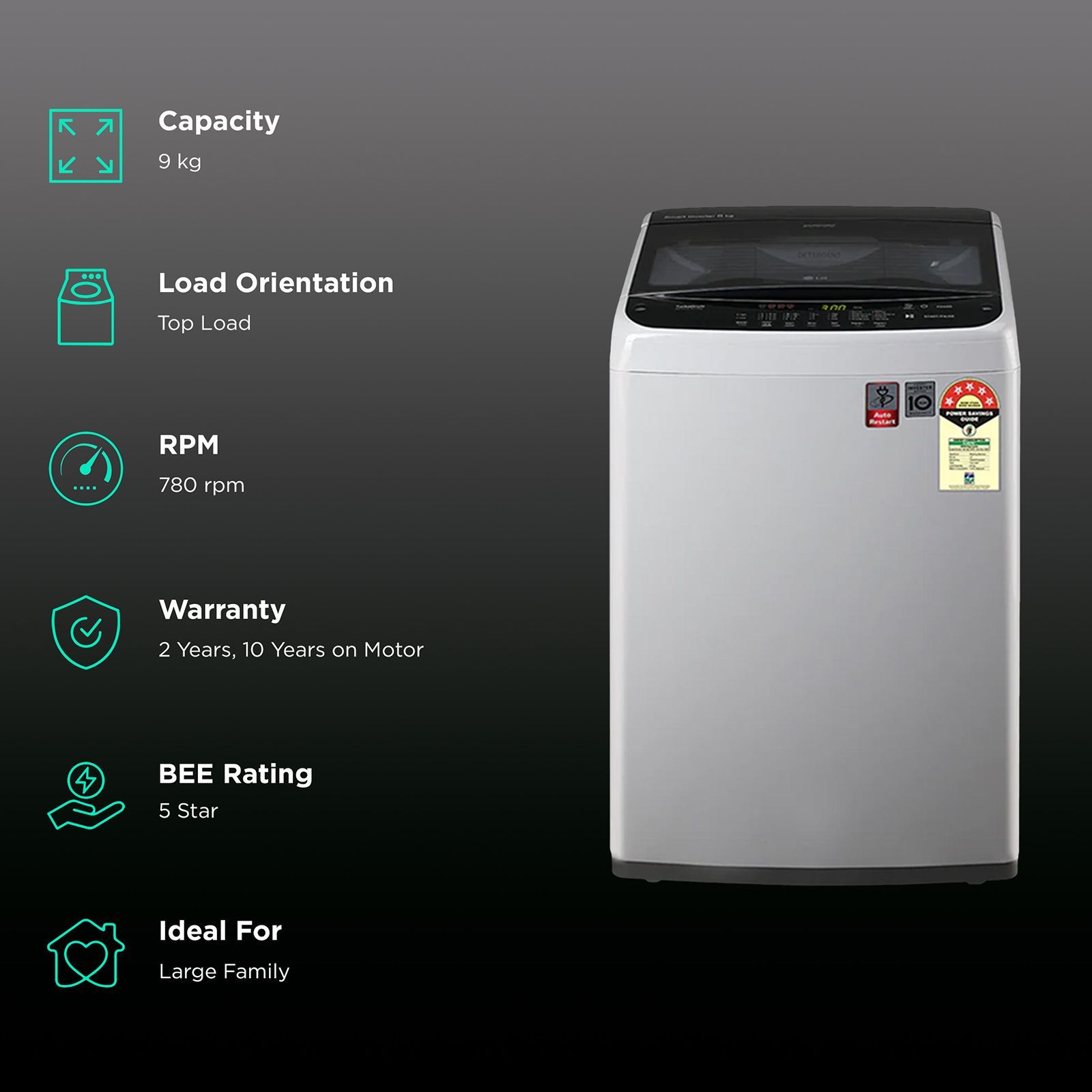 LG 9 kg 5 Star Inverter Fully Automatic Top Load Washing Machine (THD09NWF.ASFQEIL, AIDD Motor, Silver)_2