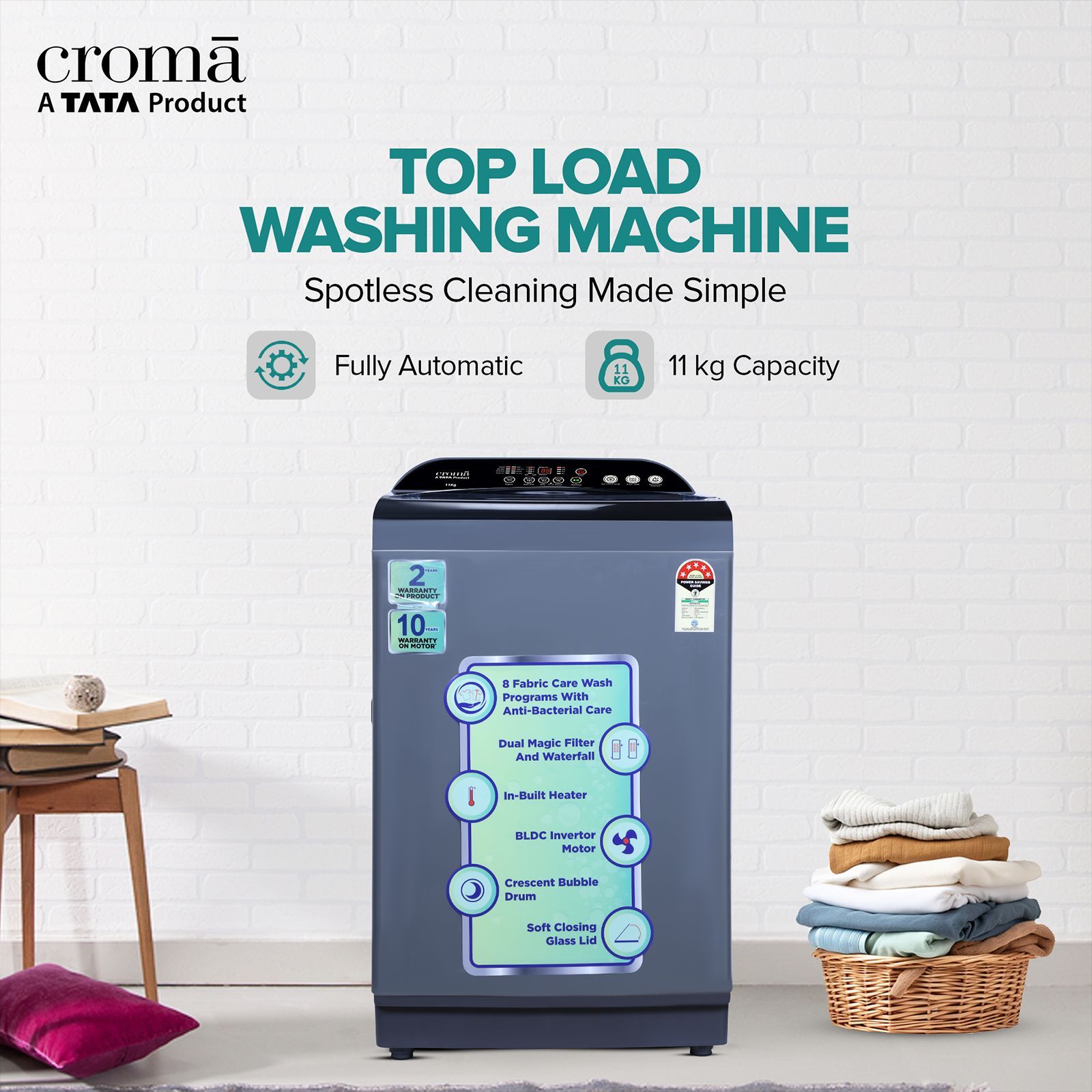 Croma 11 kg 5 Star Inverter Fully Automatic Top Load Washing Machine ( In-built Heater, Mid Black)_6