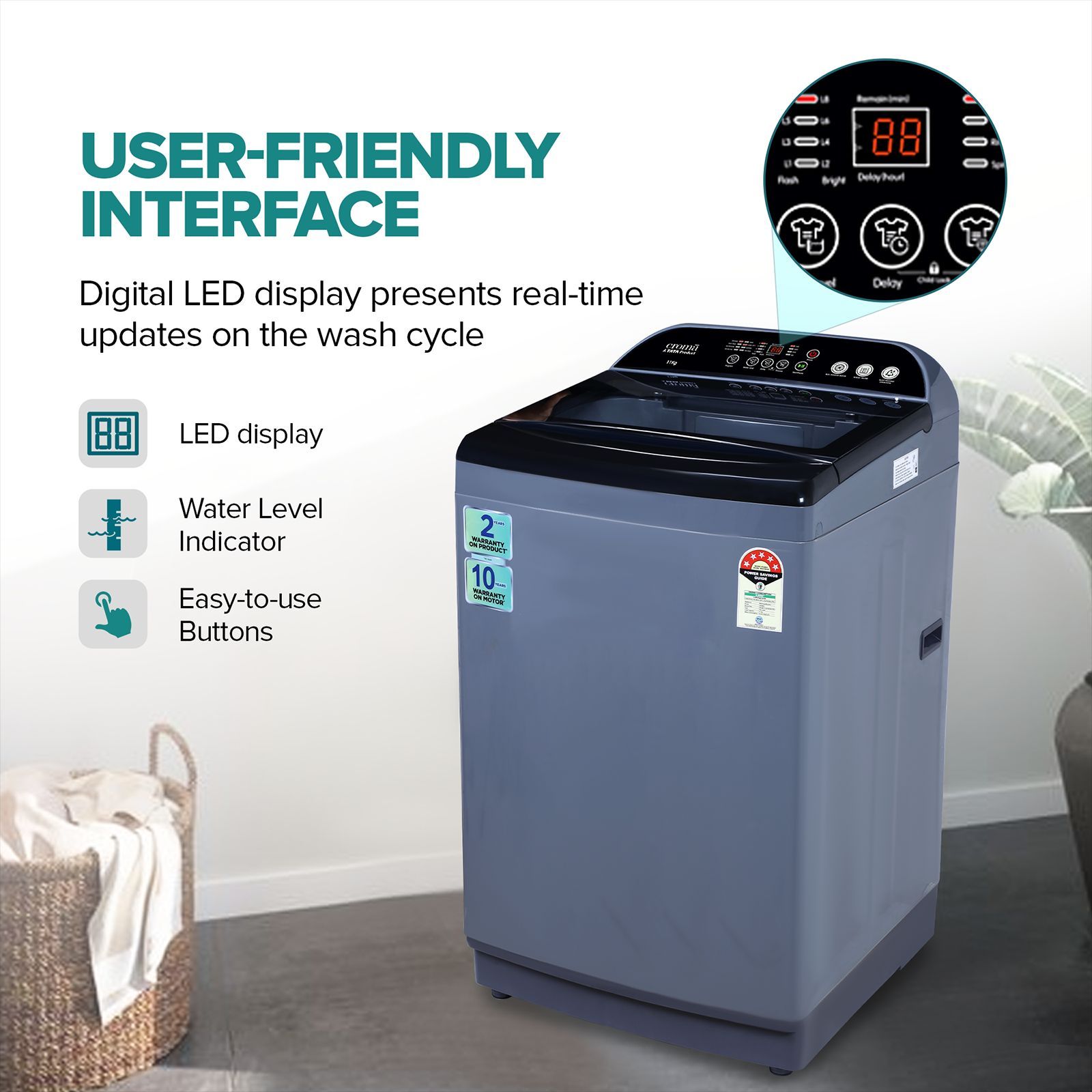 Croma 11 kg 5 Star Inverter Fully Automatic Top Load Washing Machine ( In-built Heater, Mid Black)_10