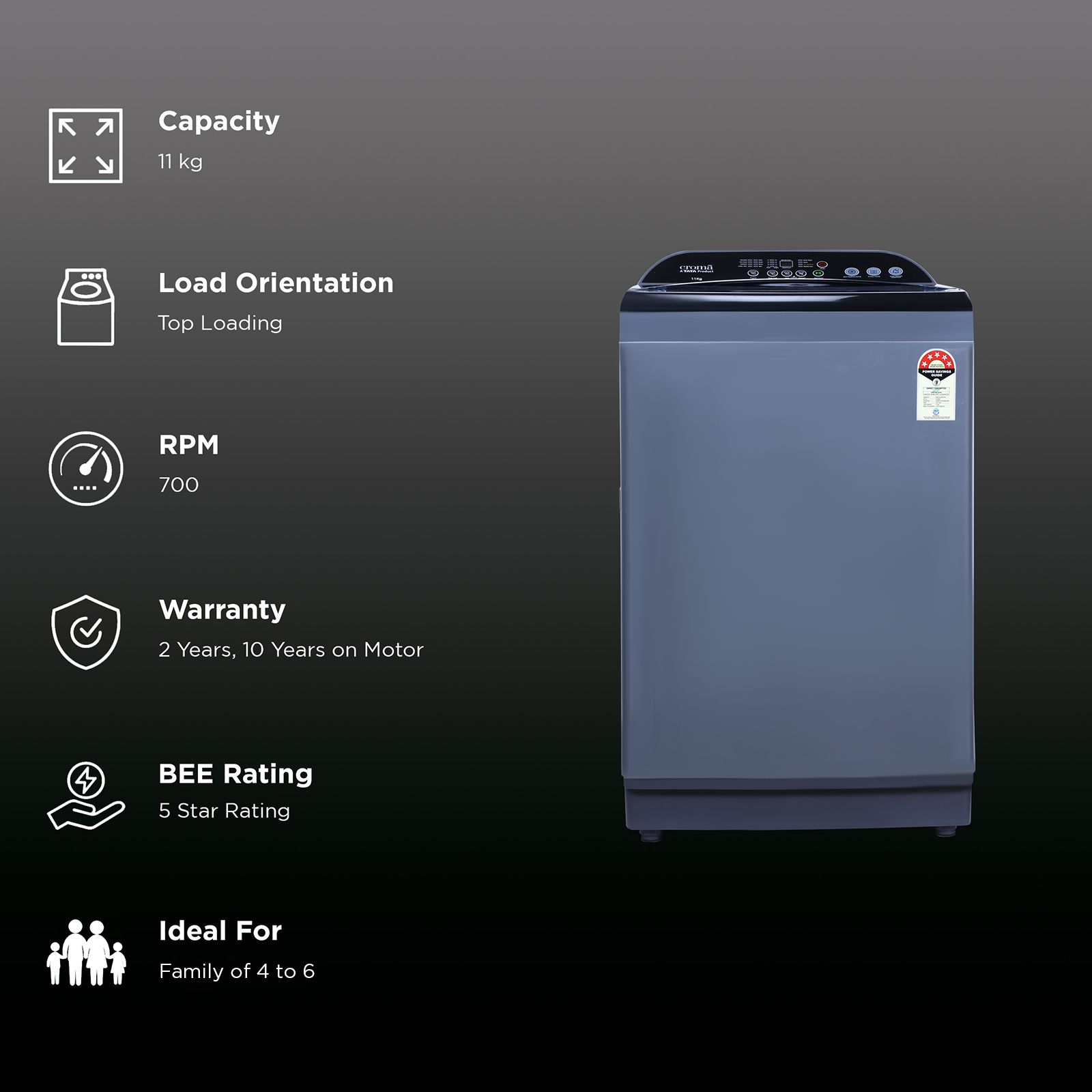 Croma 11 kg 5 Star Inverter Fully Automatic Top Load Washing Machine ( In-built Heater, Mid Black)_2