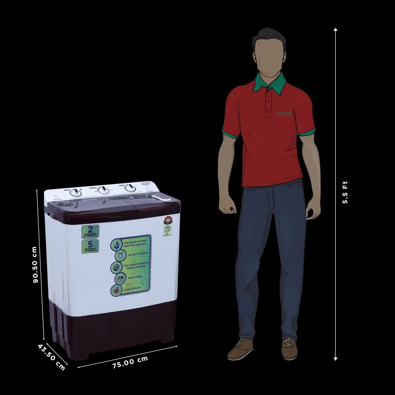 Croma 7 kg 5 Star Semi Automatic Washing Machine with Built-in Soak Function (Burgundy)_3