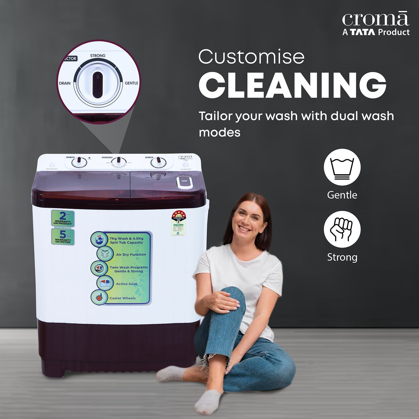 Croma 7 kg 5 Star Semi Automatic Washing Machine with Built-in Soak Function (Burgundy) Croma 7 kg 5 Star Semi Automatic Washing Machine with Built-in Soak Function (Burgundy)_4
