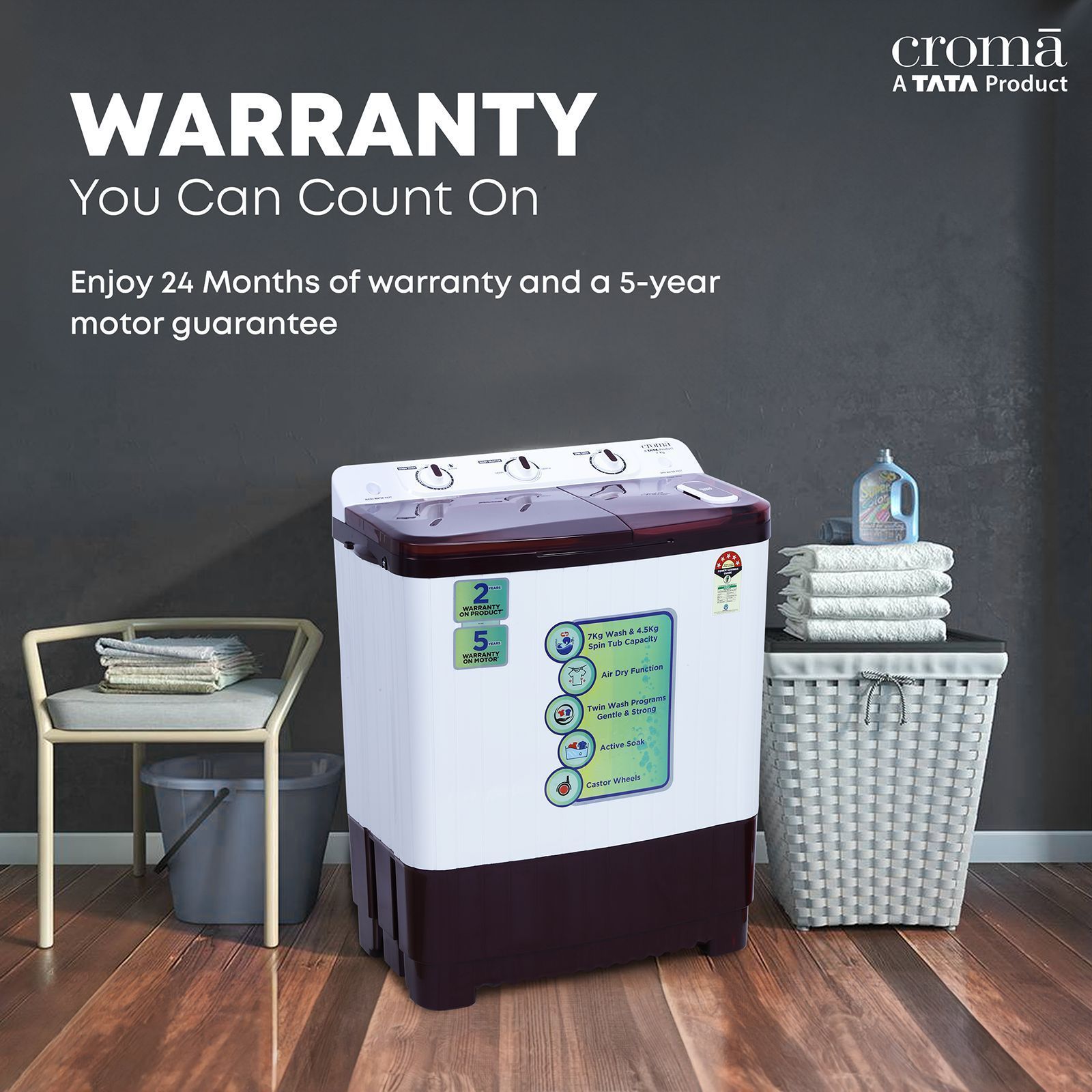 Croma 7 kg 5 Star Semi Automatic Washing Machine with Built-in Soak Function (Burgundy) Croma 7 kg 5 Star Semi Automatic Washing Machine with Built-in Soak Function (Burgundy)_6