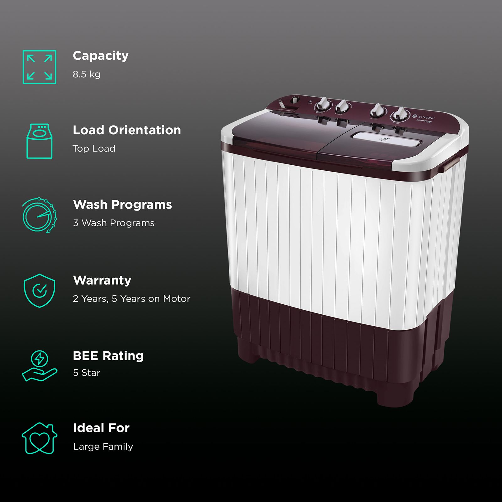 Singer 8.5 kg 5 Star Semi Automatic Washing Machine with Pro Spin Pulsator (Maestroclean SM 8500, White and Maroon)_2