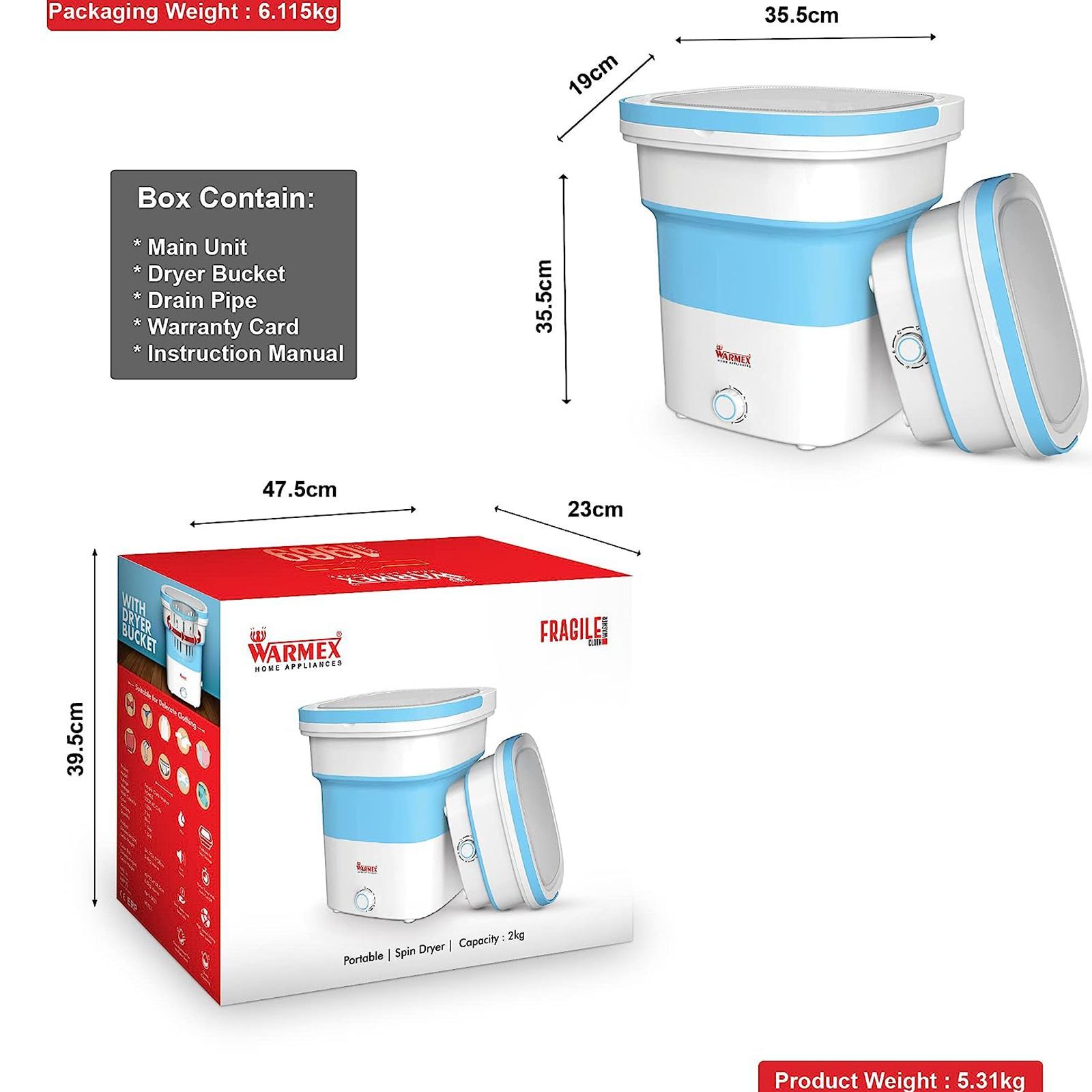 WARMEX 2 Kg/2 Kg Semi-Automatic Top Load Washer Dryer Combo (Foldable, FCW-05, Blue)_5