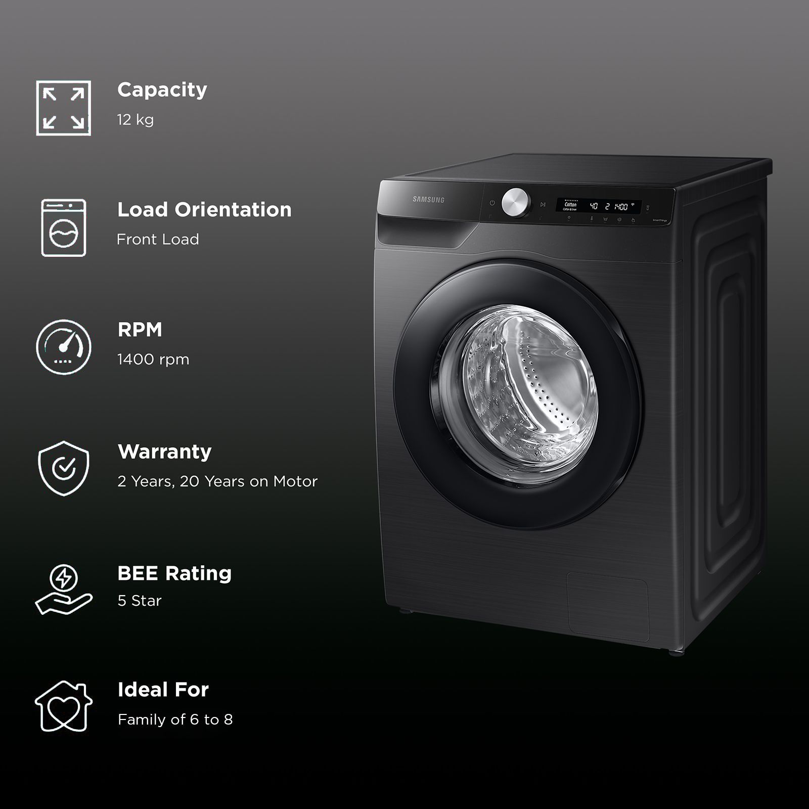 SAMSUNG 12 kg 5 Star Inverter Fully Automatic Front Load Washing Machine (WW12T504DAB/TL, Built-In Heater, Black Caviar)_2