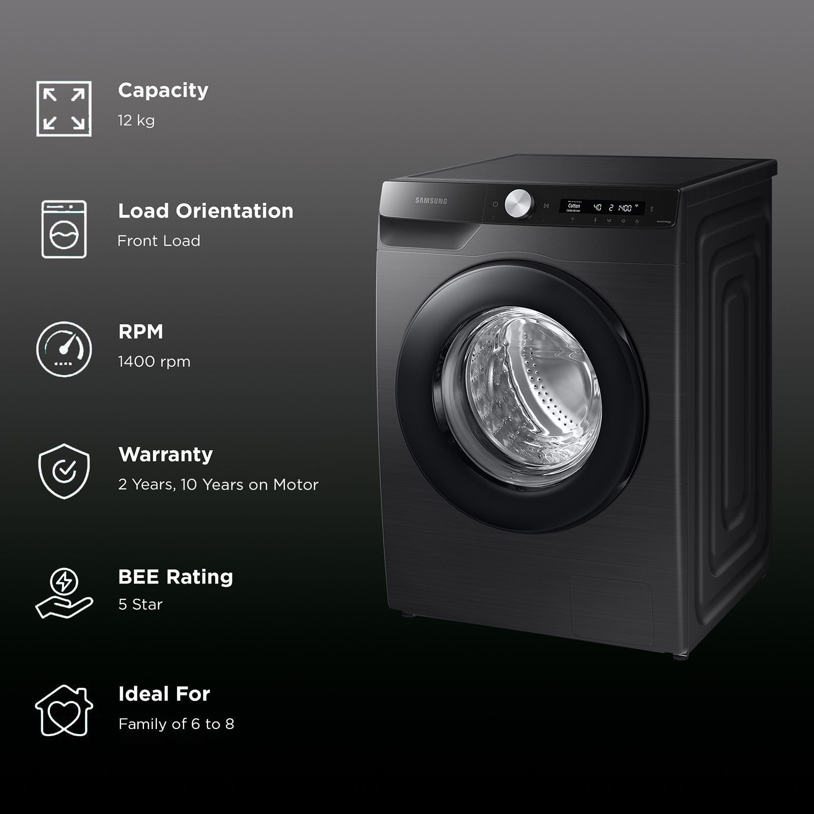 SAMSUNG 12 kg 5 Star Inverter Fully Automatic Front Load Washing Machine (WW12T504DAB/TL, Built-In Heater, Black Caviar)_2