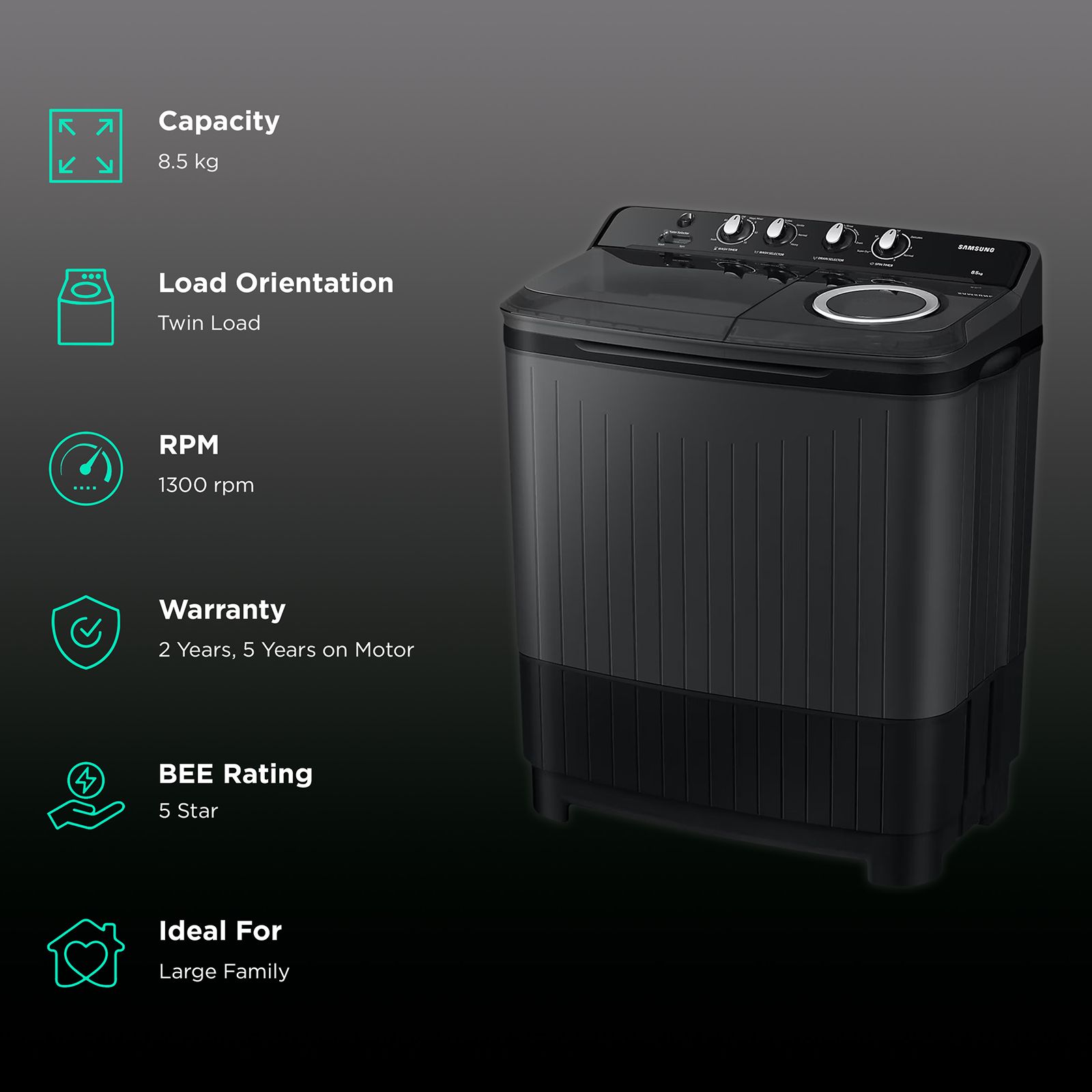 SAMSUNG 8.5 kg 5 Star Semi Automatic Washing Machine with Air Turbo Drying System (WT85B4200GD/TL, Dark Grey)_2