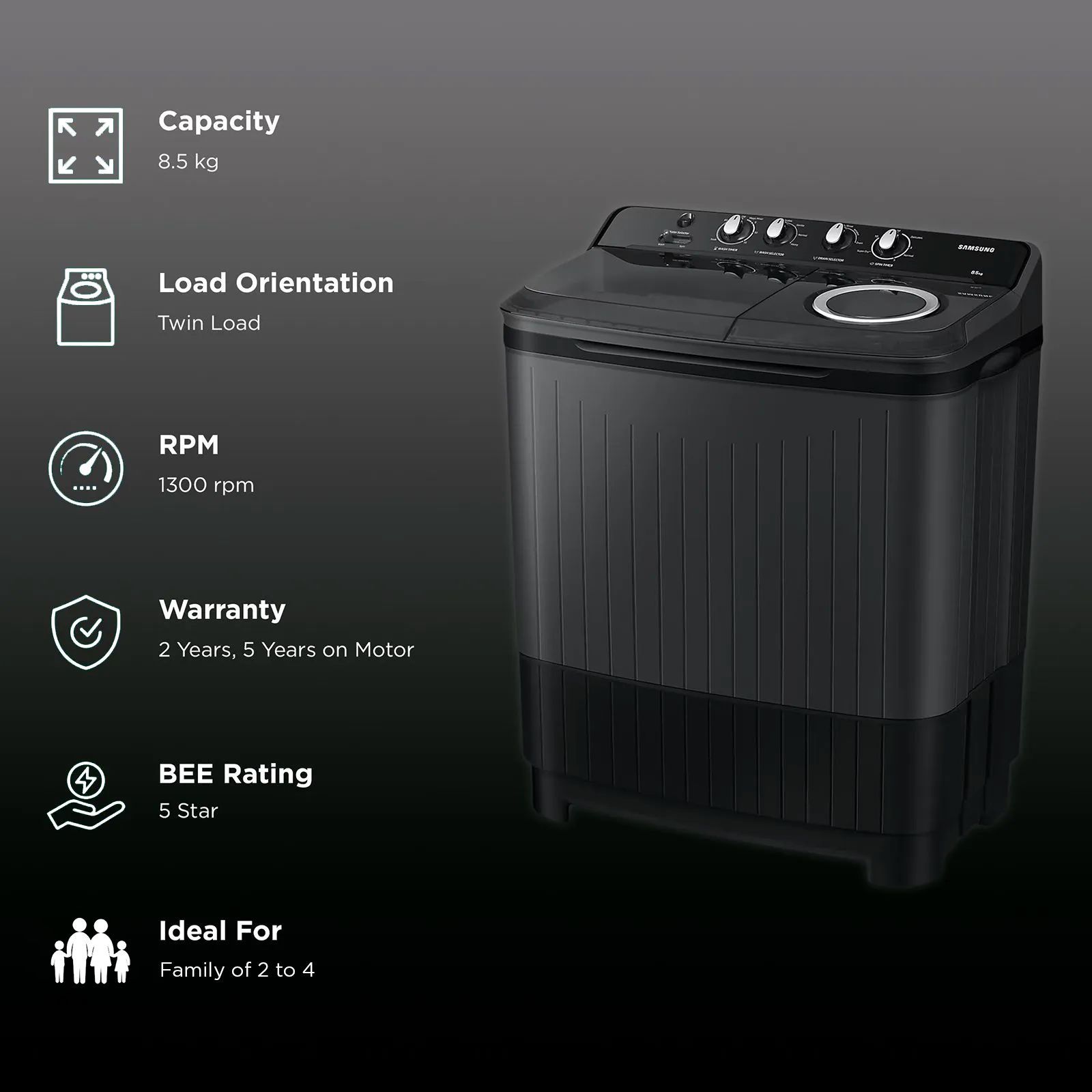 SAMSUNG 8.5 kg 5 Star Semi Automatic Washing Machine with Air Turbo Drying System (WT85B4200GD/TL, Dark Grey)_2