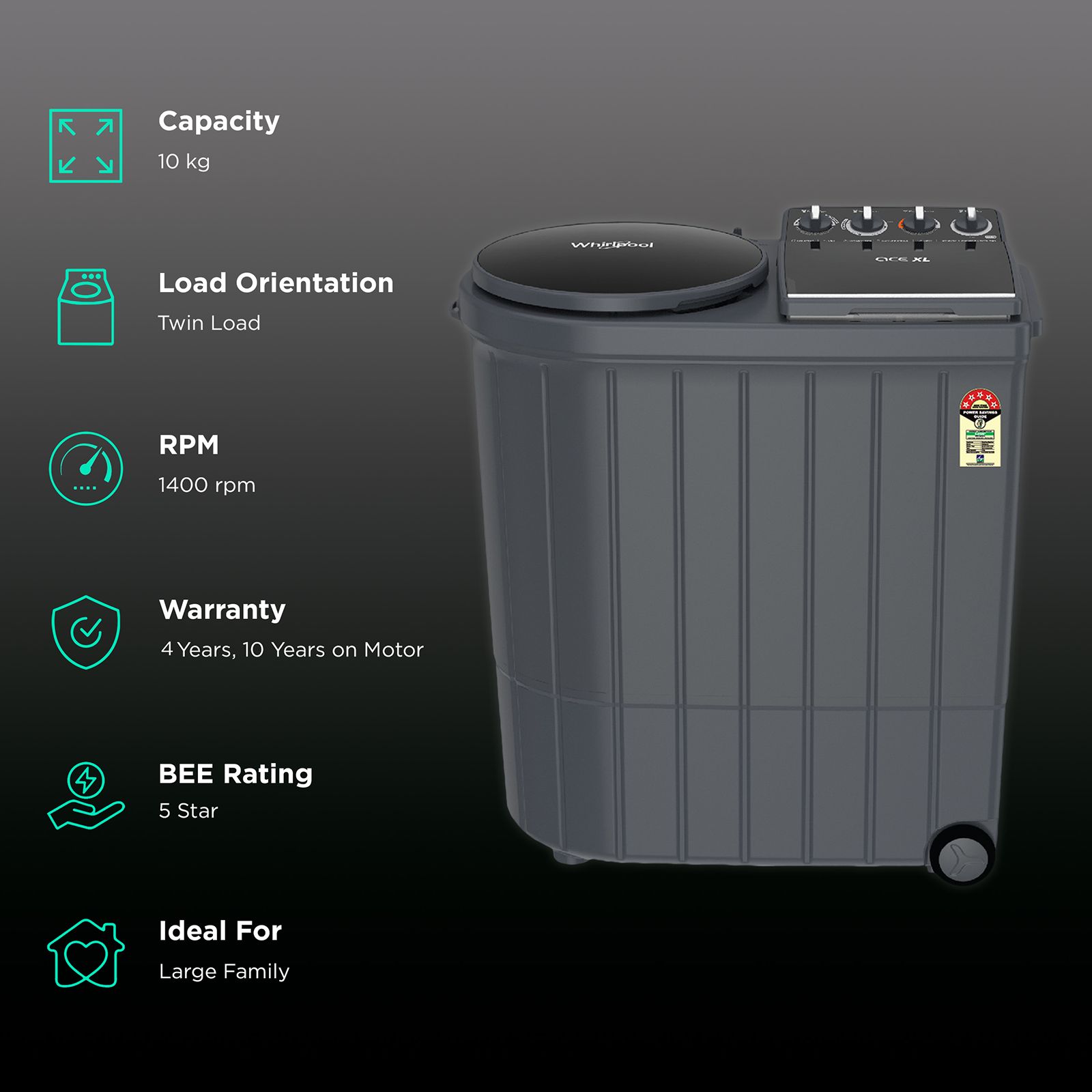 Whirlpool 10kg 5 Star Semi Automatic Twin Load Washer Dryer with 3D Lint Filter (ACE XL, 30277, Graphite Grey) Whirlpool 10kg 5 Star Semi Automatic Twin Load Washer Dryer with 3D Lint Filter (ACE XL, 30277, Graphite Grey)_2